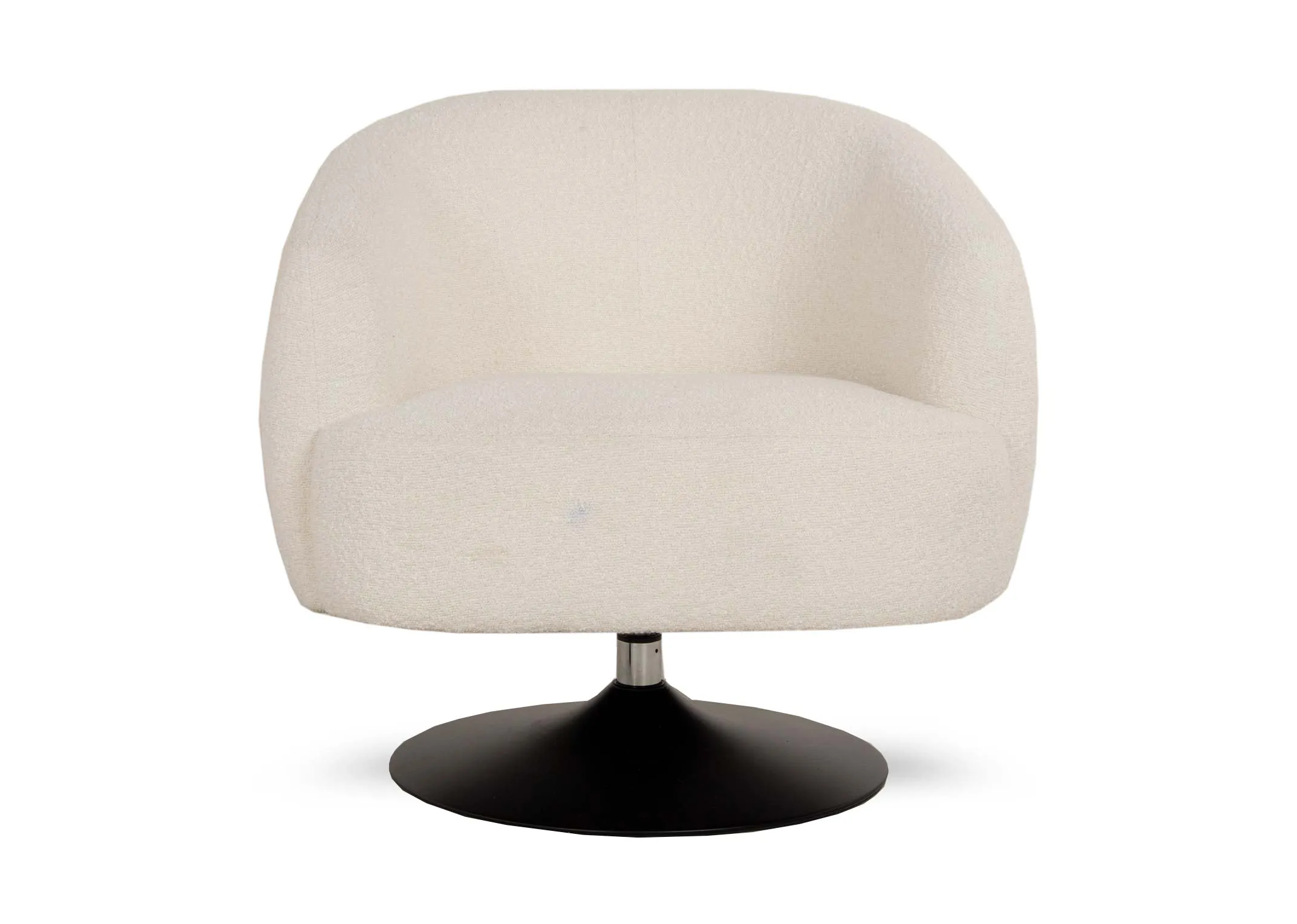 A cream boucle fabric tub swivel chair from EZ Livings Fusion range. Front view of padded seat