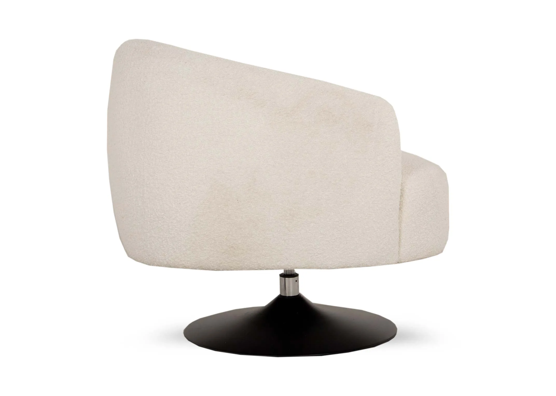 A cream boucle fabric tub swivel chair from EZ Livings Fusion range.Side view of egg shaped seat