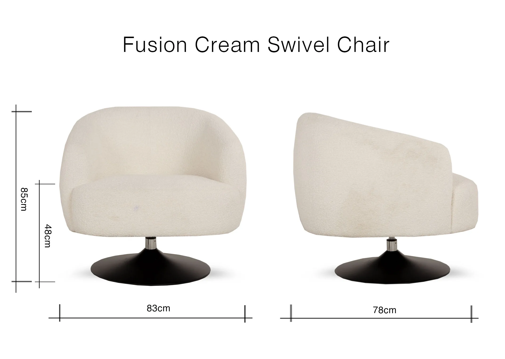 A dimension image of the Fusion Swivel Chair with 83cm x 78cm D x 85cm H x 48sm SH