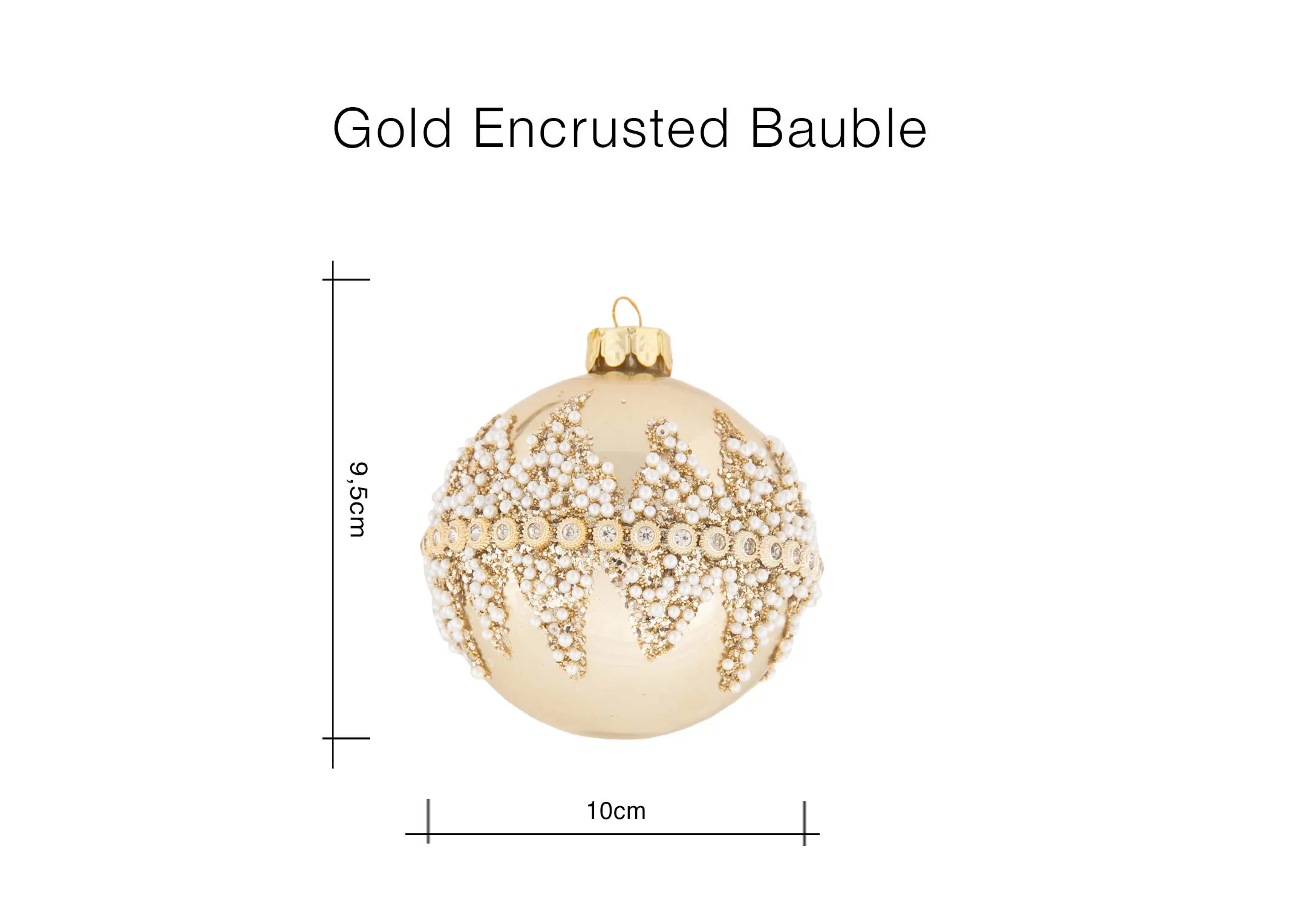 A dimension image of the Gold Encrusted Bauble with 10cm x 11.5cm