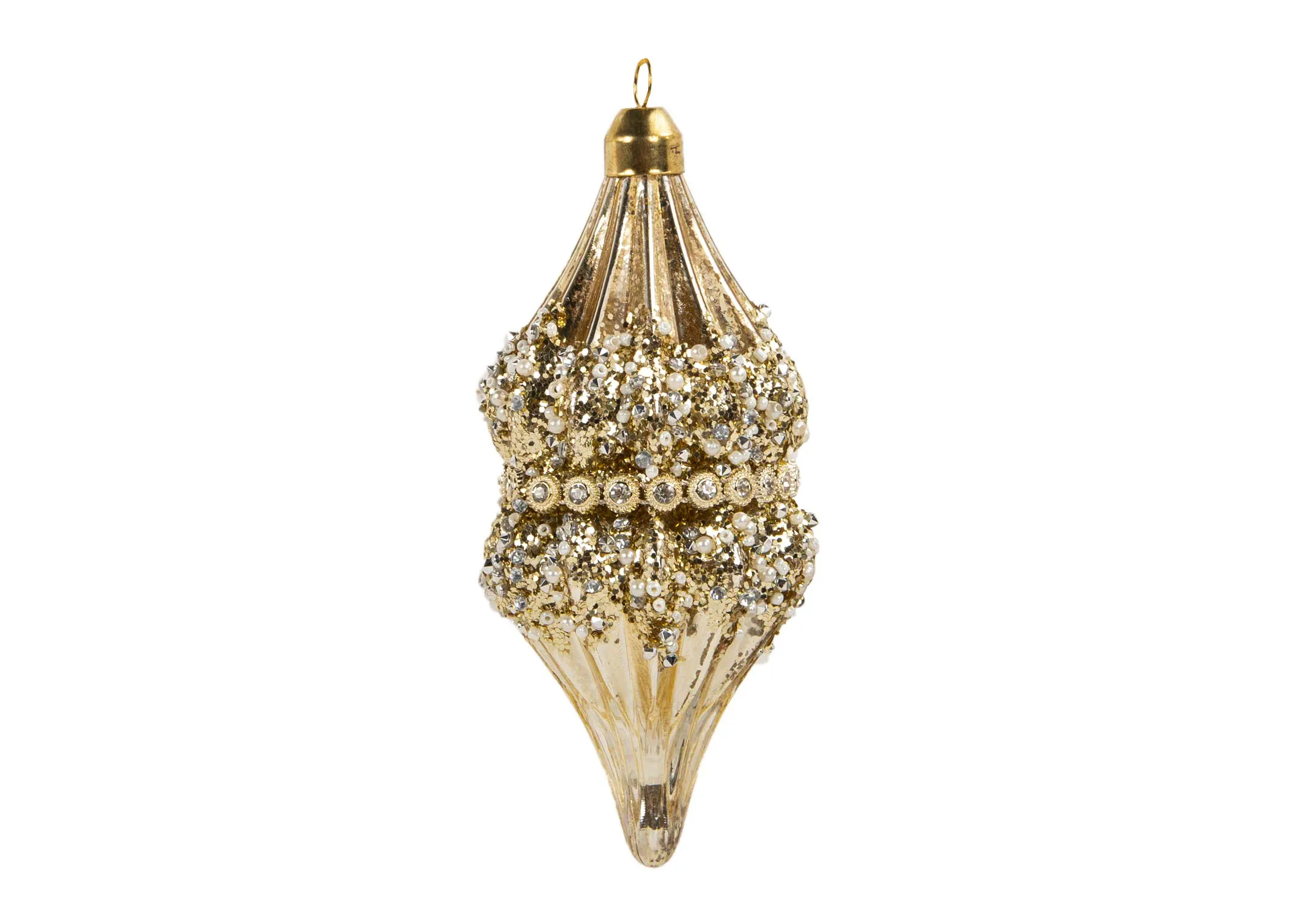 A vintage drop bauble in gold with diamante & glitter middle from EZ Livings Christmas range.