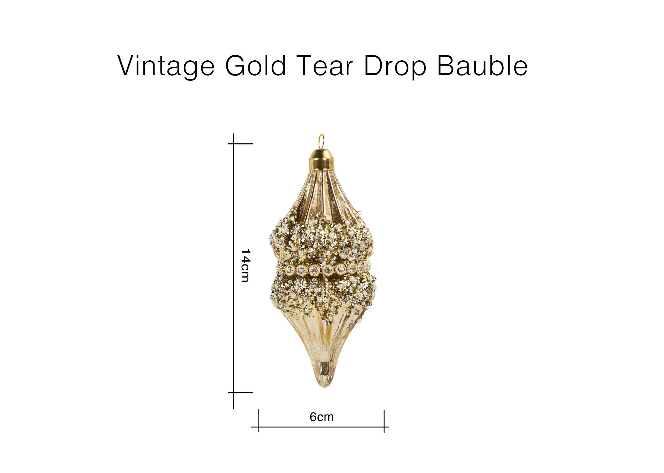 A dimension image of the Vintage Tear Drop Bauble with 8cm x 14cm