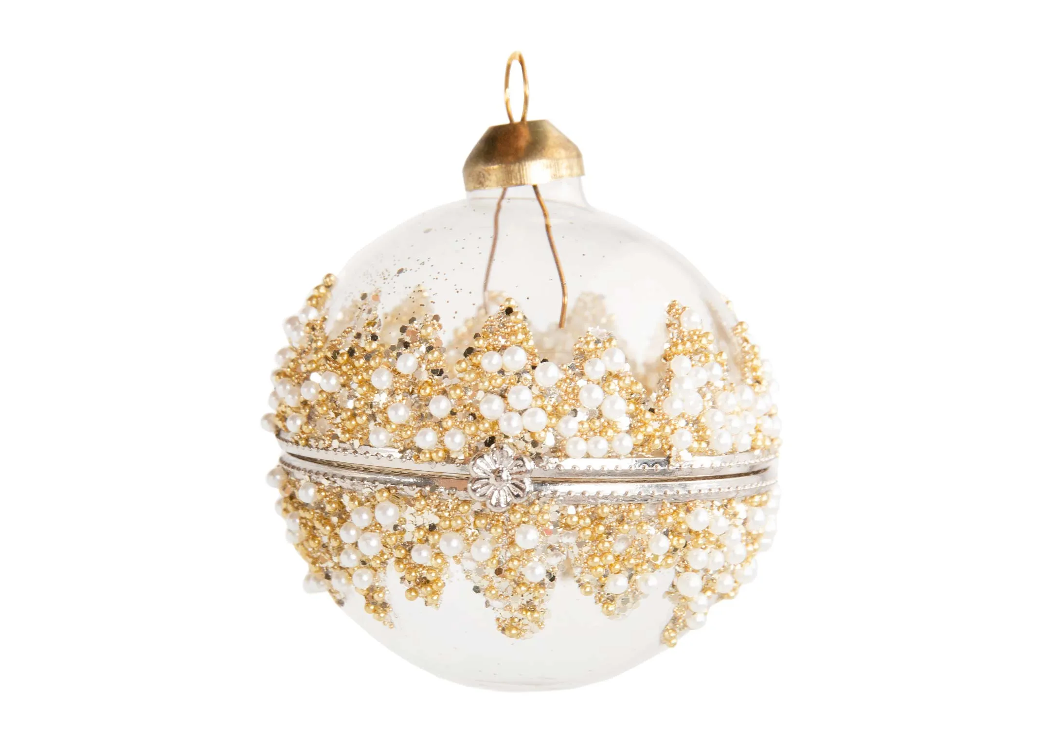 A clear glass bauble with silver clasp opening from EZ Living Furnitures Christmas range. Front view