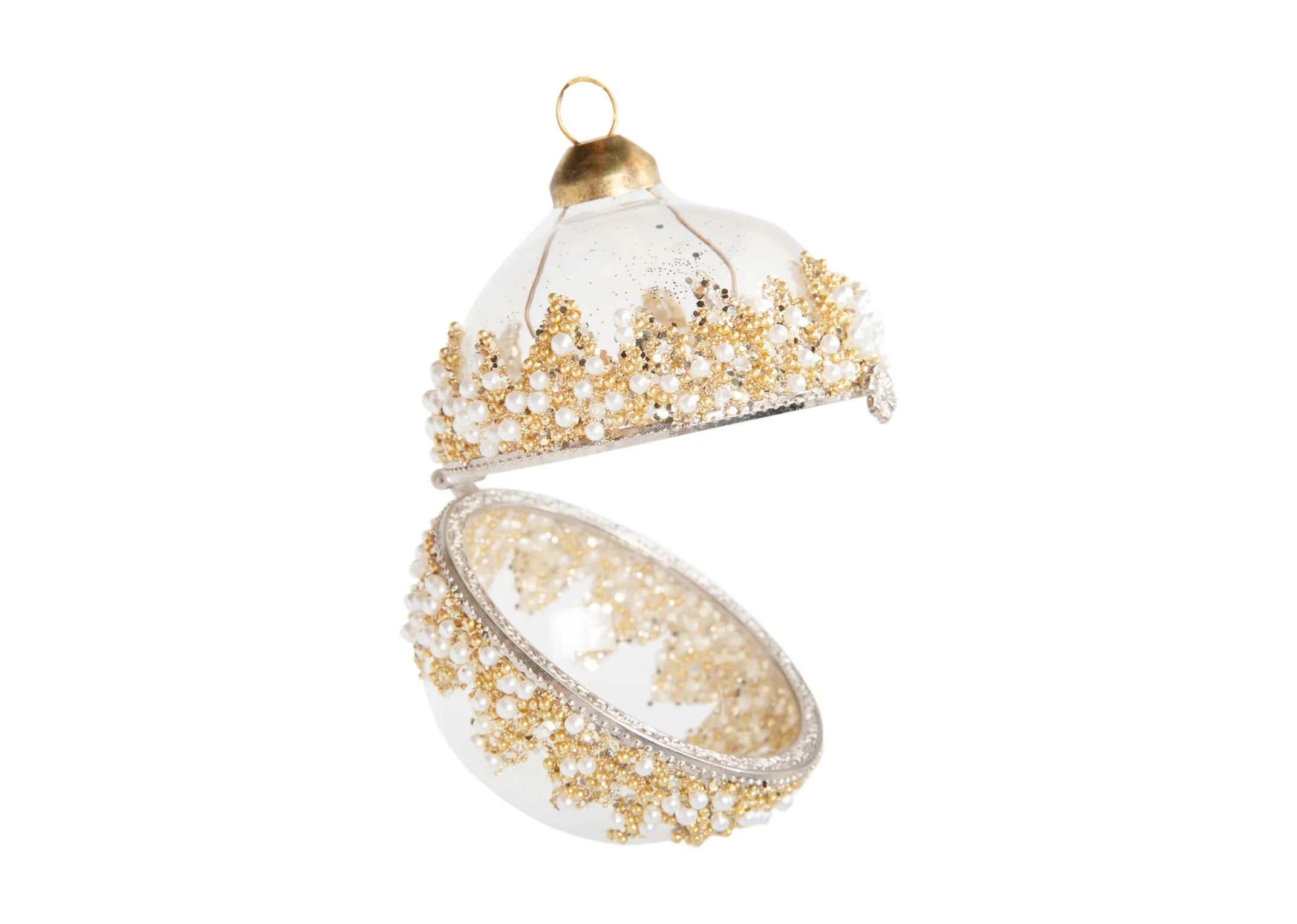 A clear glass bauble with silver clasp opening from EZ Living Furnitures Christmas range. Front view of open bauble