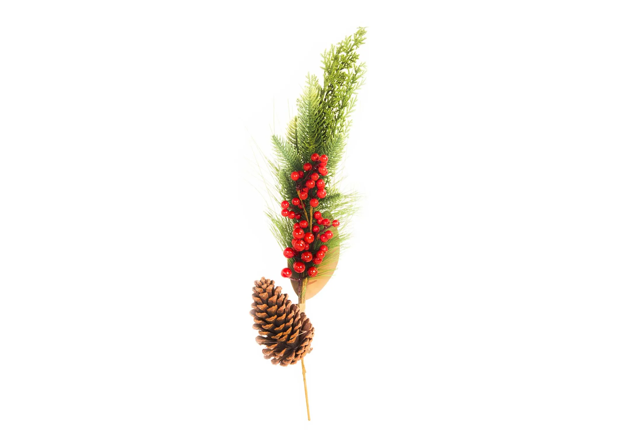 A green leafy pick with pine cone and red berries from the EZ Living Christmas range. Front view of full spray.