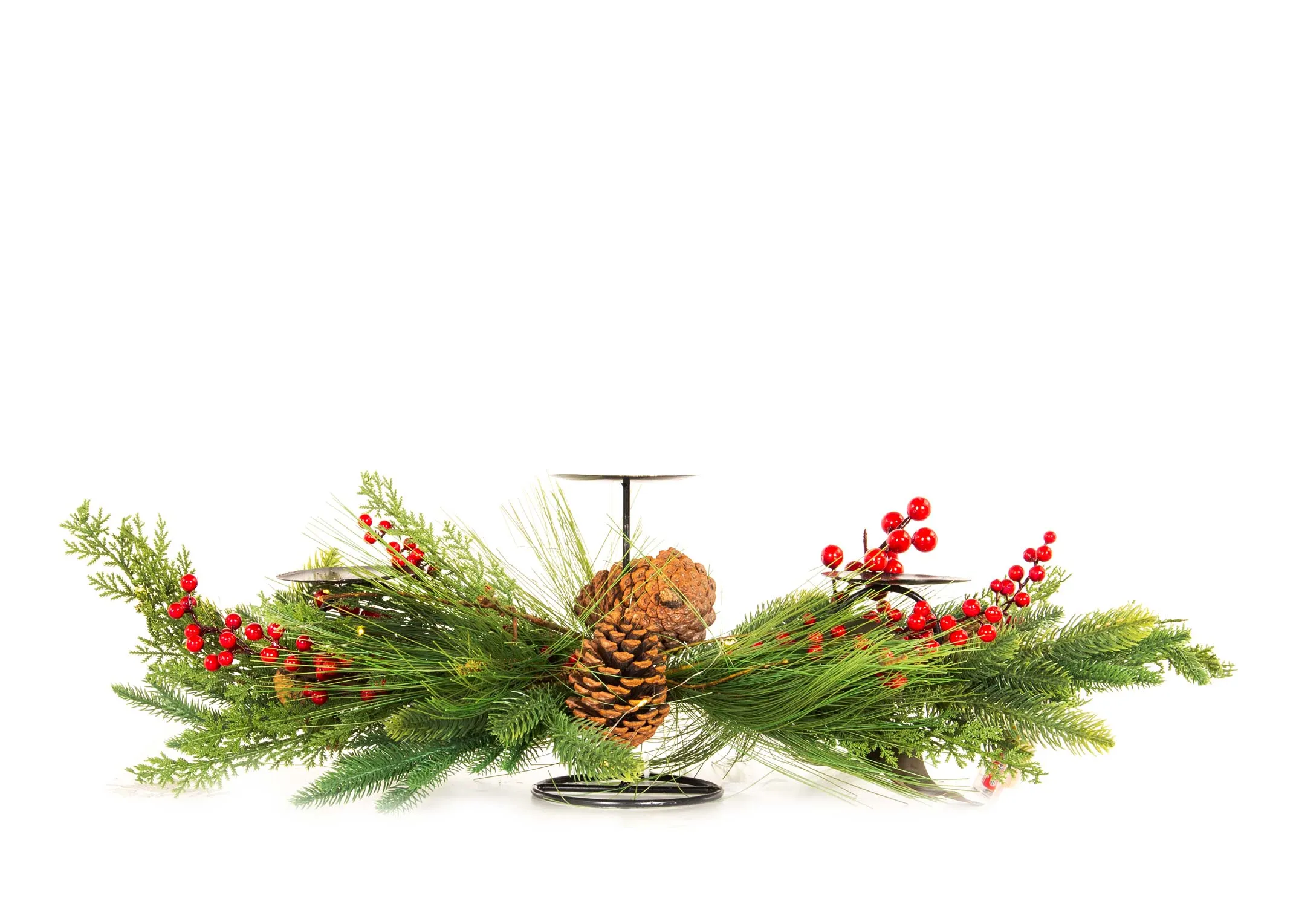 A berry & pine cone garland covered candle holder from EZ Livings Christmas range. Front view of metal 2 pillar candle holder.