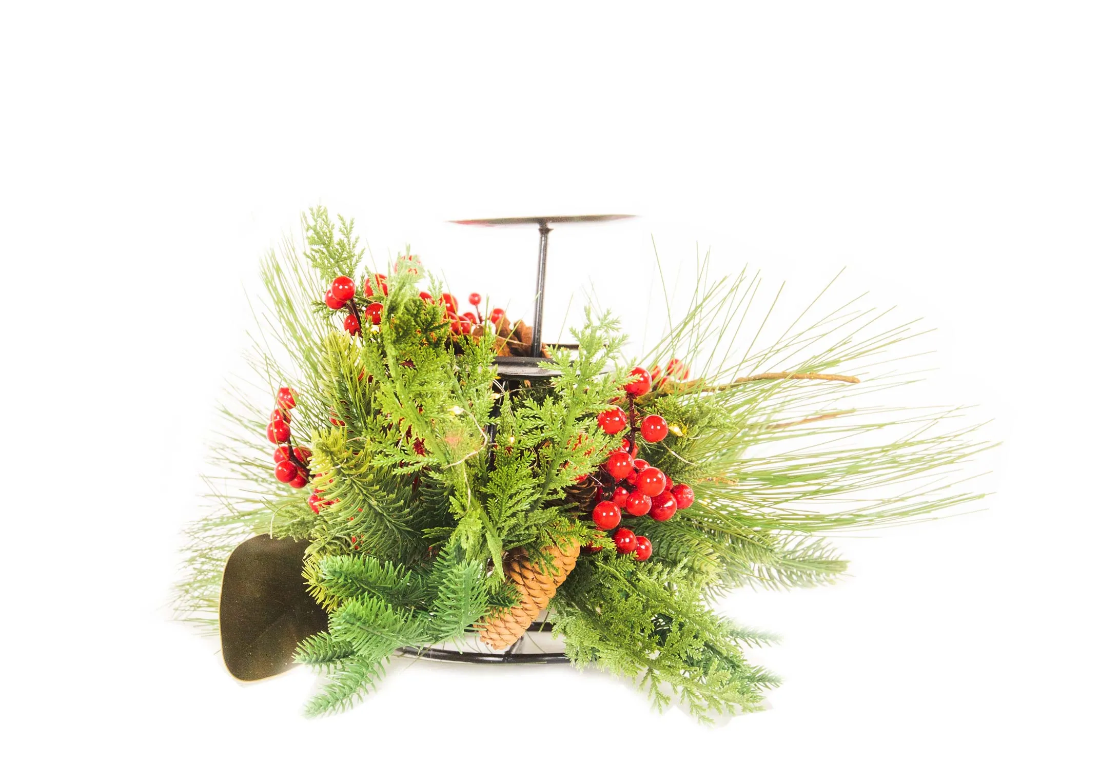 A berry & pine cone garland covered candle holder from EZ Livings Christmas range. Side view