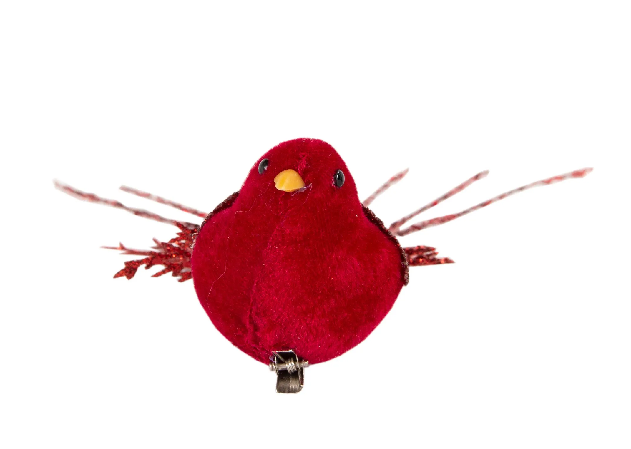 A red velvet bird with glitter wings & feather tail on a silver clip from EZ Livings Christmas range. Closeup of clip
