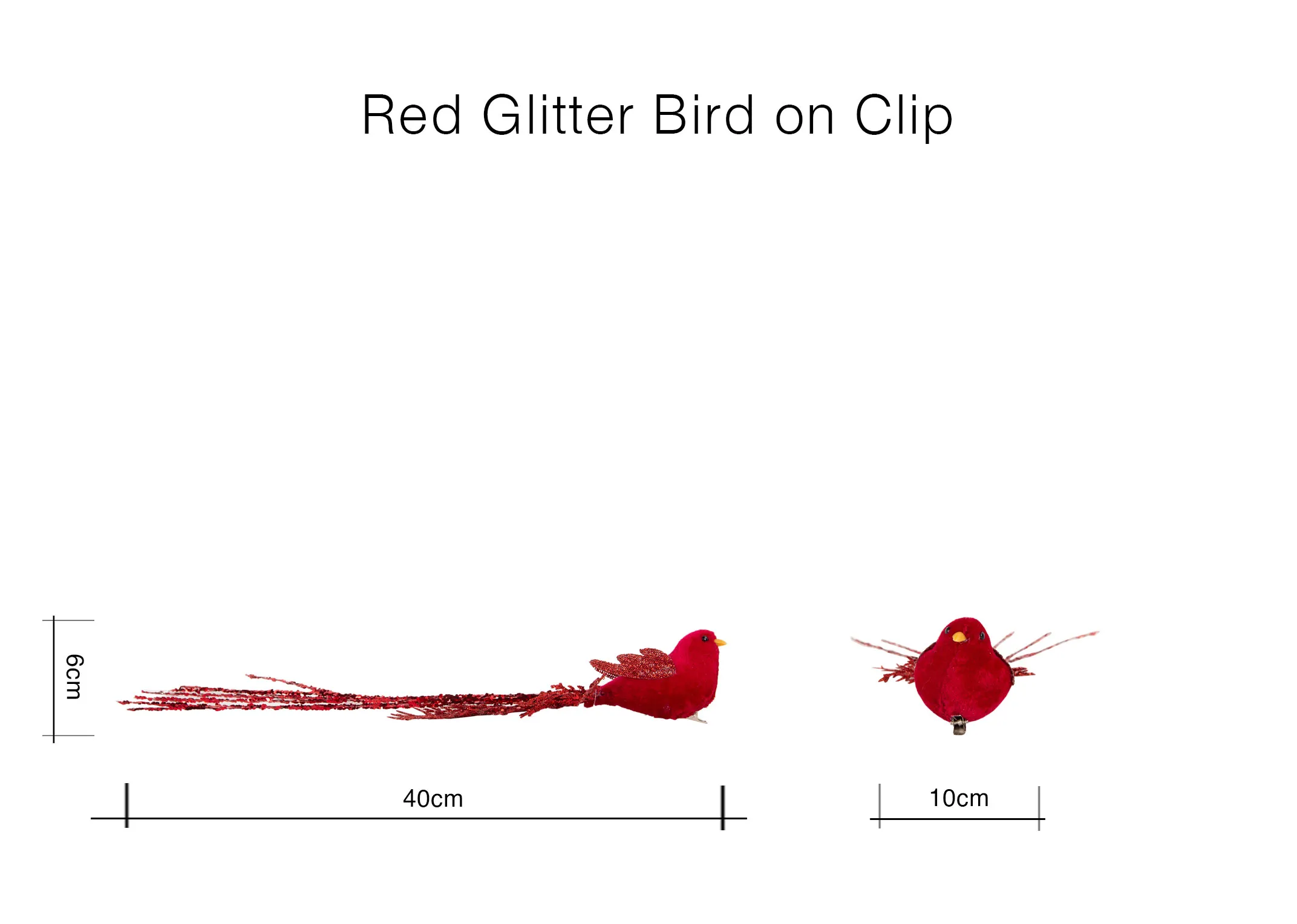 A dimension image of the Red Glitter bird on clip with 40cm W x 10cm D x 6cm H