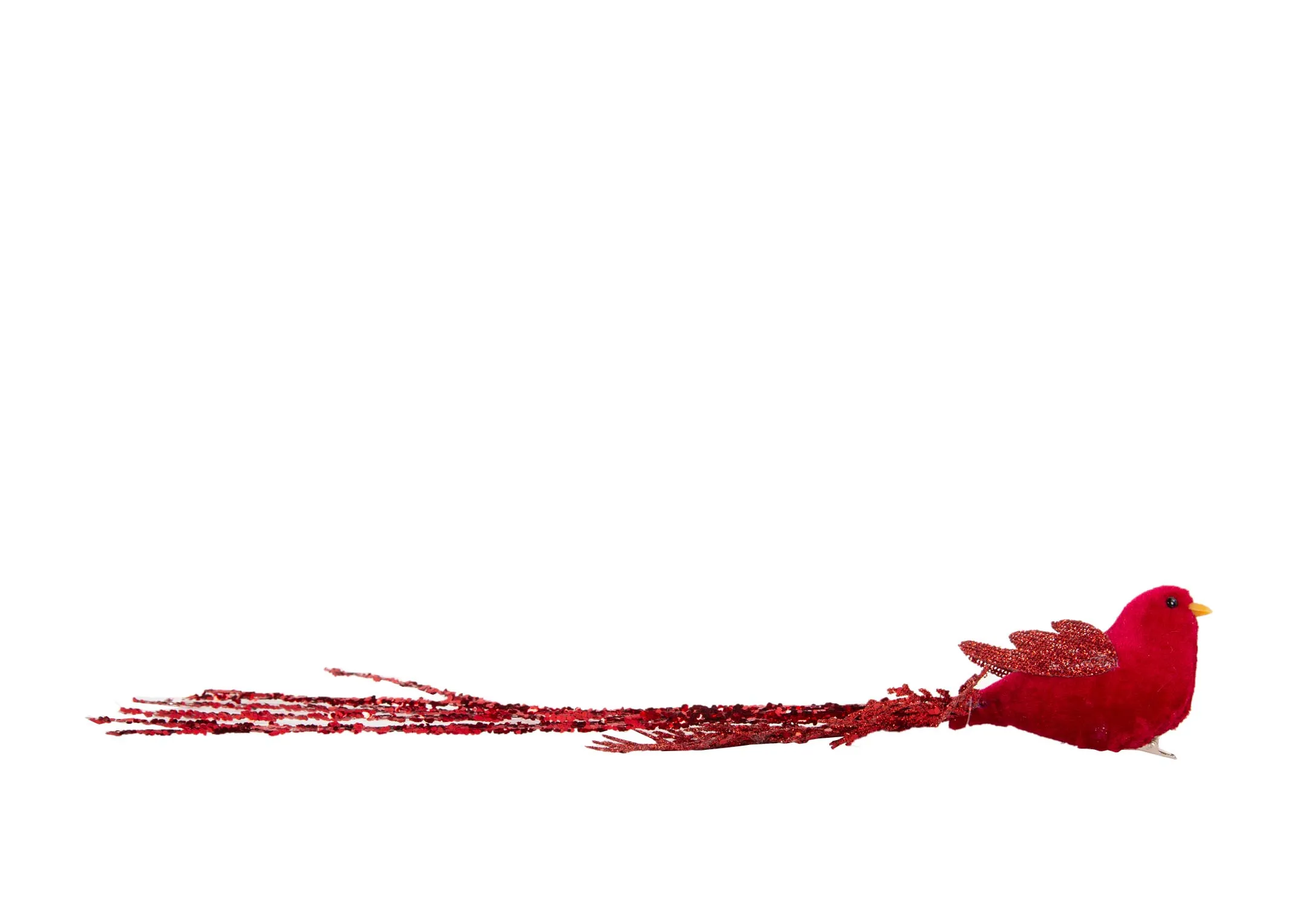 A red velvet bird with glitter wings & feather tail on a silver clip from EZ Livings Christmas range. Front view shows full length of tail