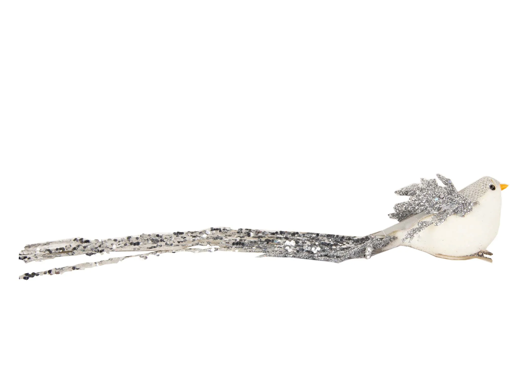 A silver & white glitter bird with long tail from EZ Livings Christmas range. Front view of decorative bird.