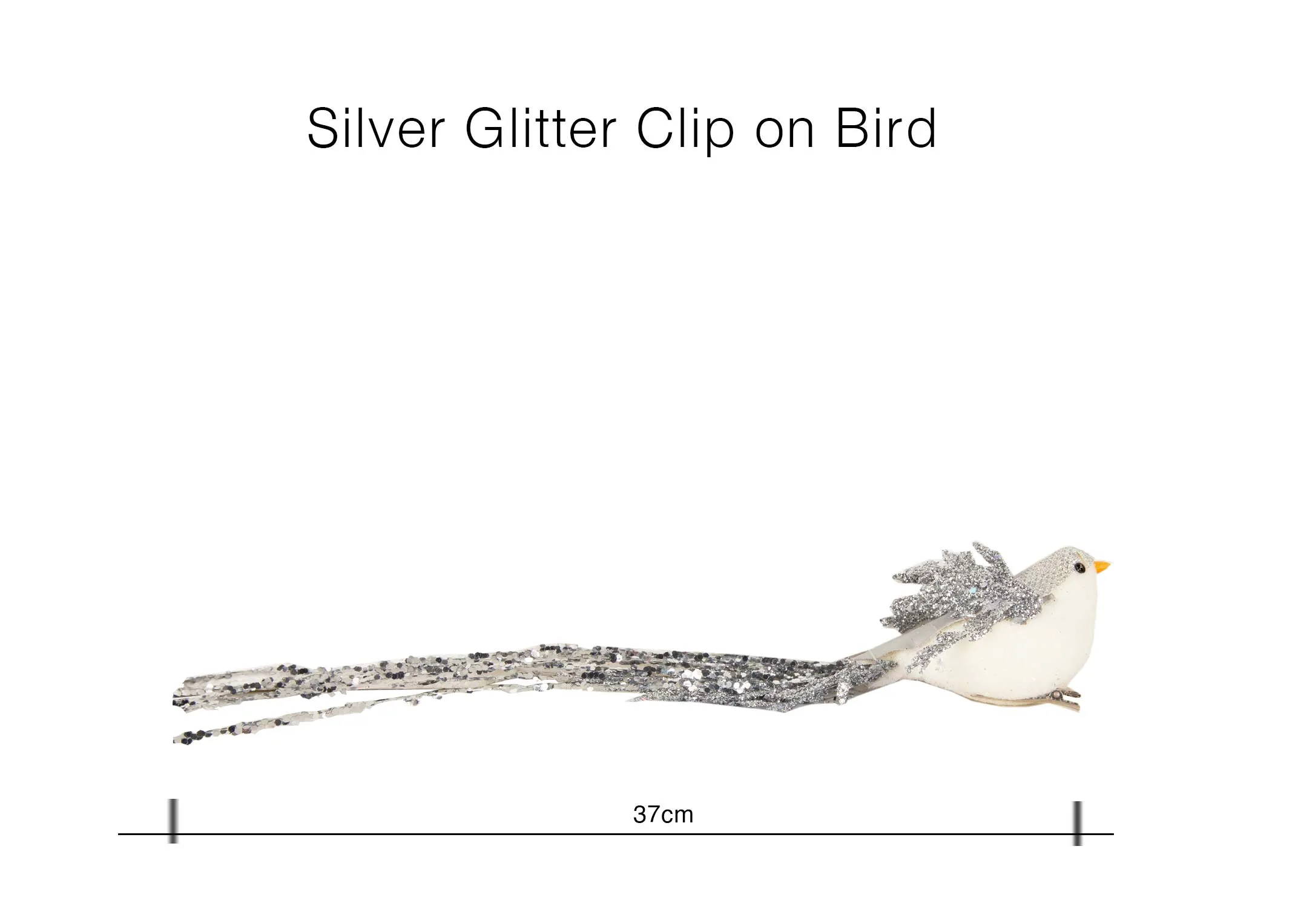 A dimension image of the Silevr & White Glitter Clip on Bird with 37cm