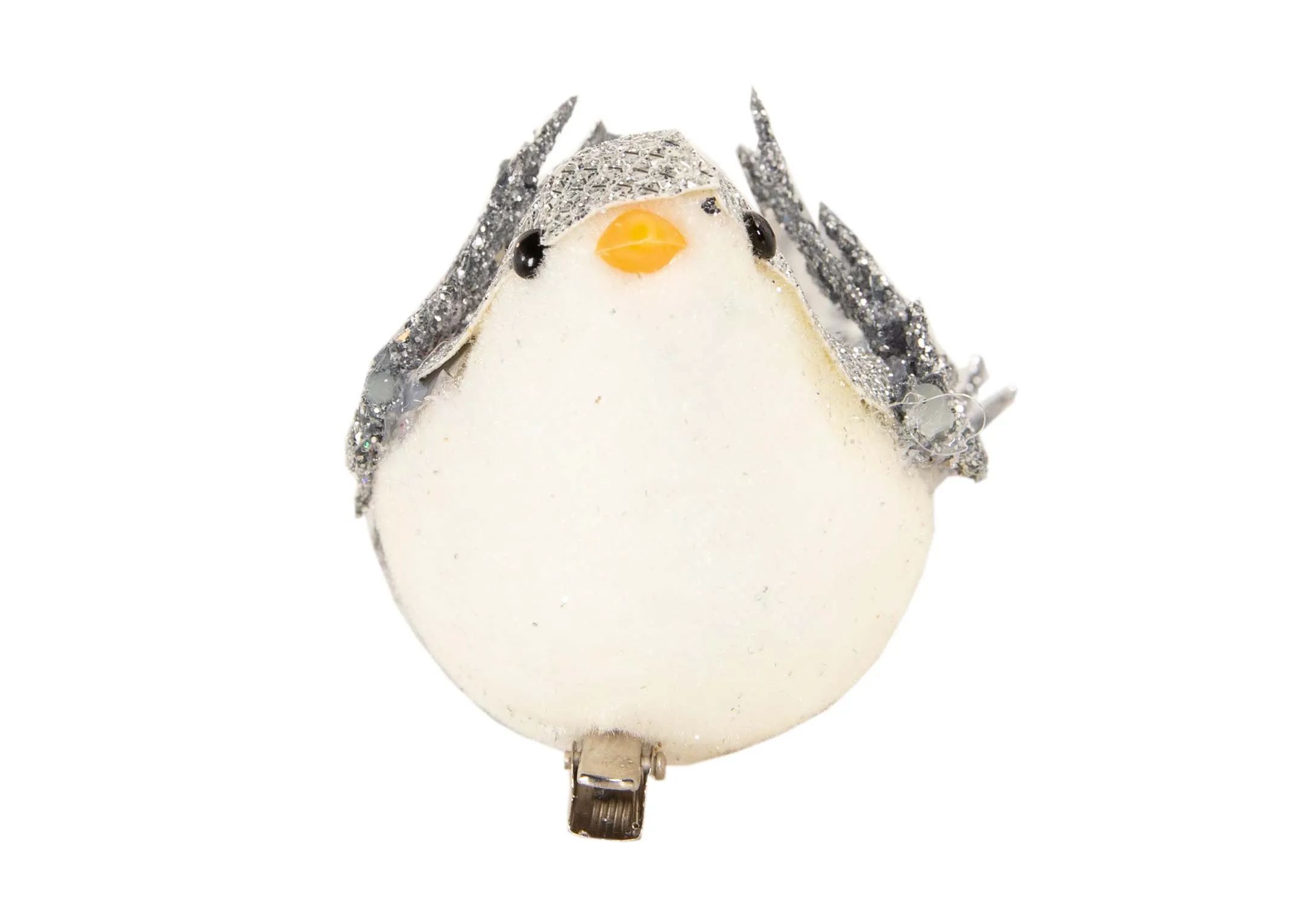 A silver & white glitter bird with long tail from EZ Livings Christmas range. Closeup of clip