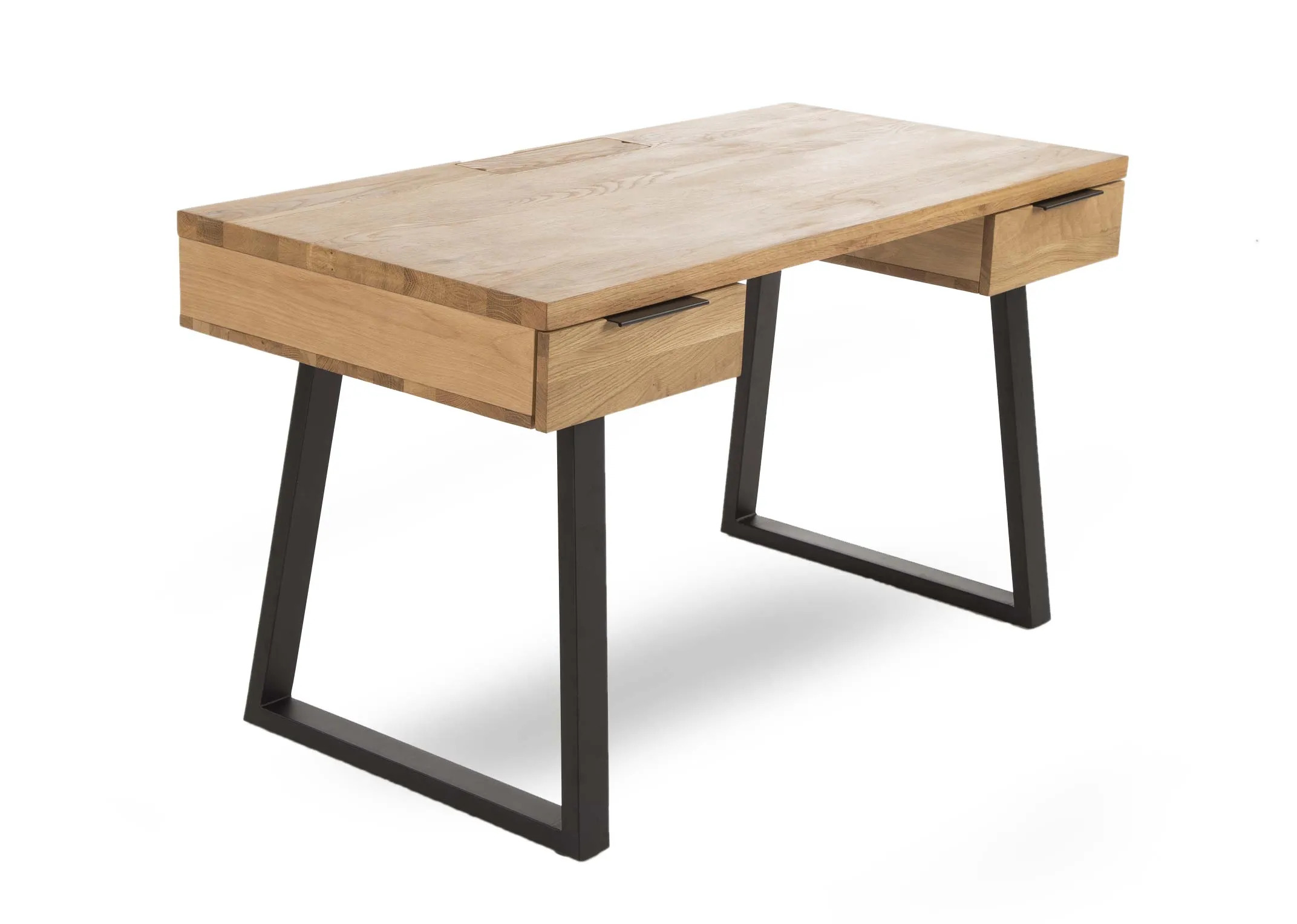 An oak writing desk with metal frame from EZ Living Furnitures Renvyle range. Angled view