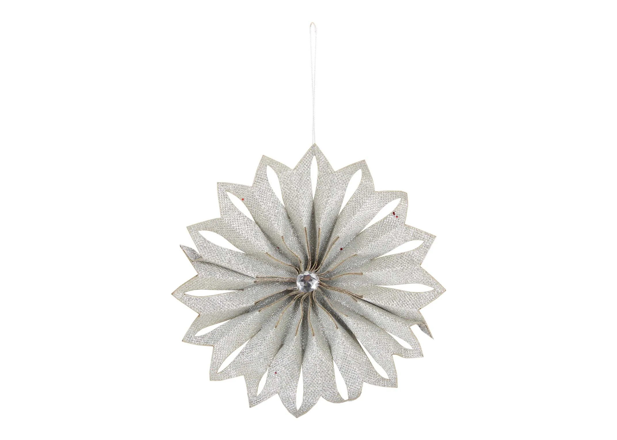 A silver flower decoration from EZ Livings Christmas range. Front  view of detailed folds