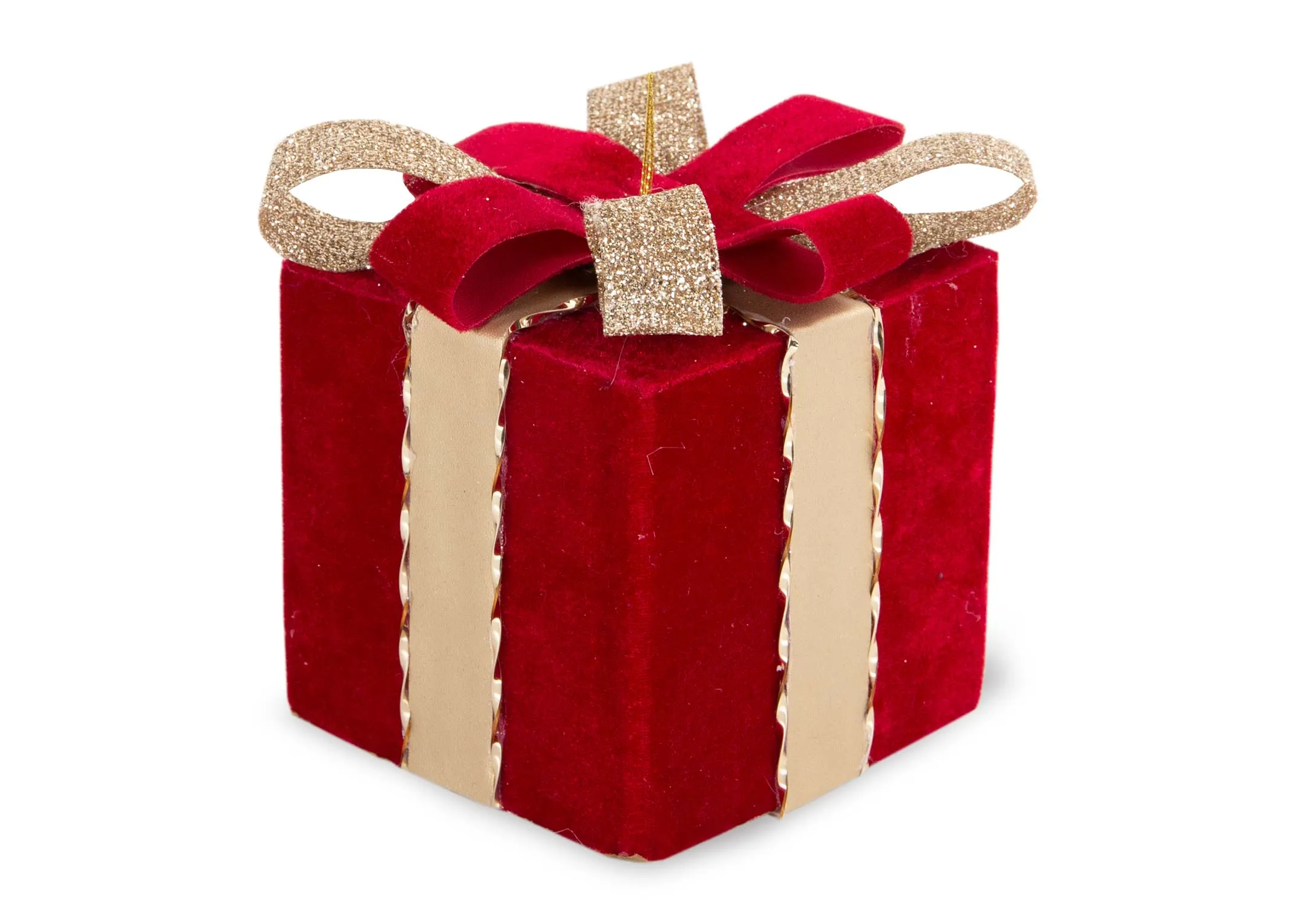 A small red velvet gift box tree decoration with gold bow from EZ Livings Christmas range.