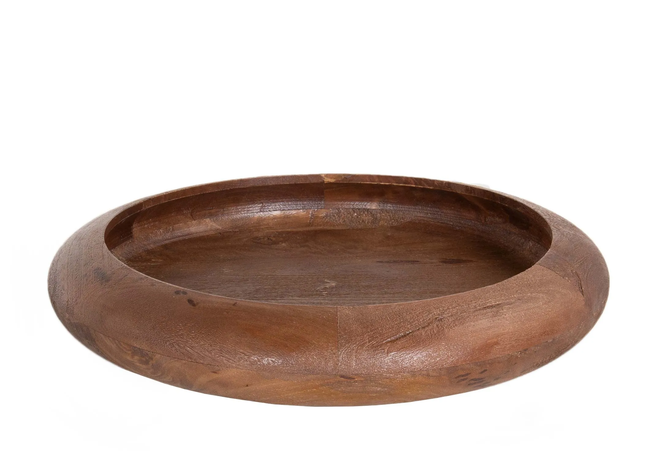 A large brown round wood tray from EZ Living Furniture's Osida range.
