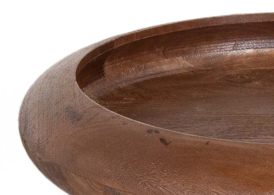 A large brown round wood tray from EZ Living Furniture's Osida range.