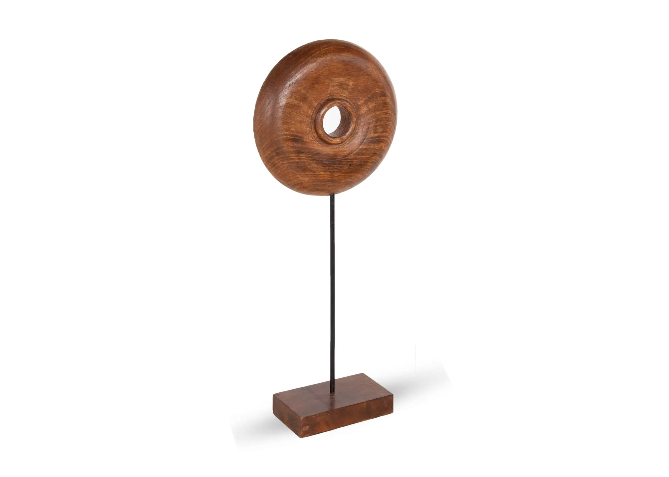 A dark brown wood round ornament with metal stand from EZ Living's Olumi range. Angled view.