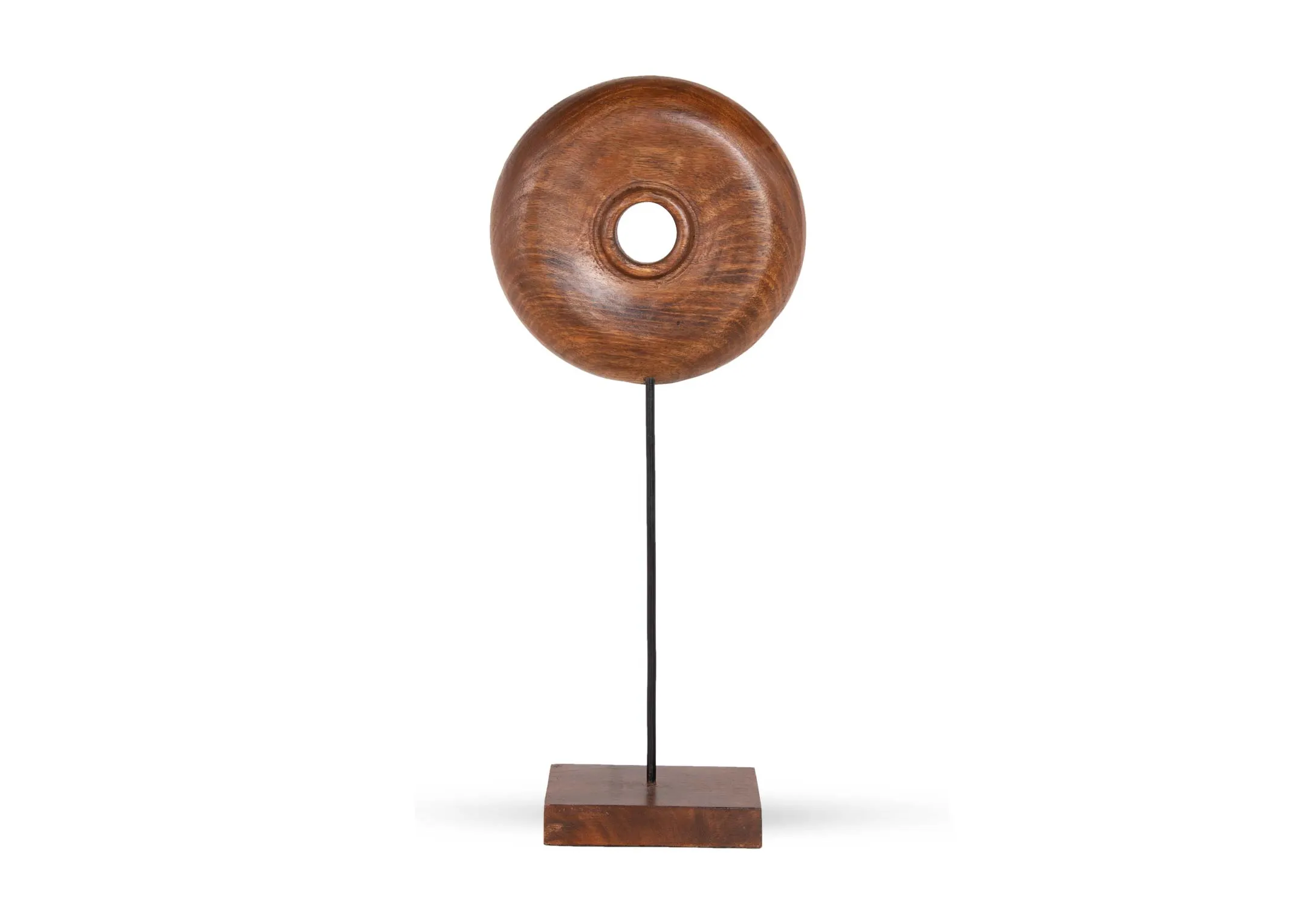 A dark brown wood round ornament with metal stand from EZ Living's Olumi range.Front view of wood texture