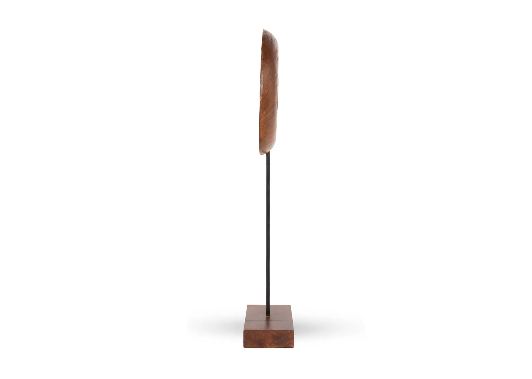 A dark brown wood round ornament with metal stand from EZ Living's Olumi range.Side view of thick wood
