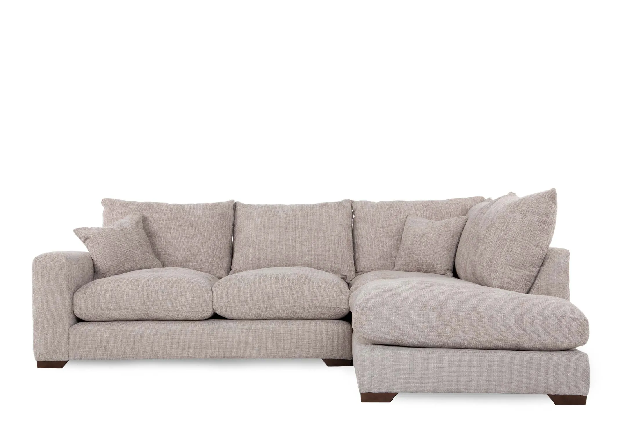 A beige fabric corner sofa with RHF lounger from EZ Livings Aurora range. Front view