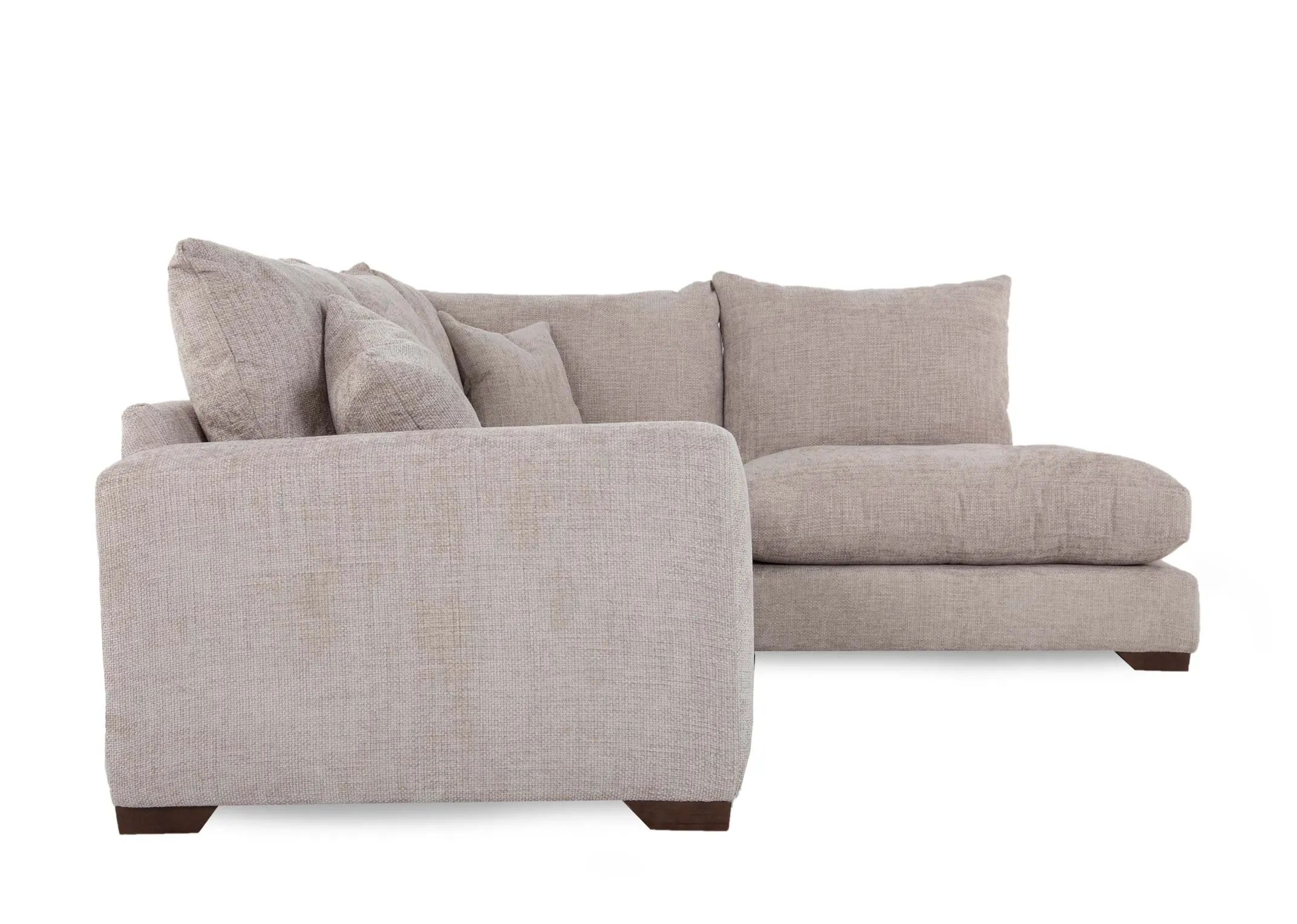 A beige fabric corner sofa with RHF lounger from EZ Livings Aurora range.Side view of LHF Corner section