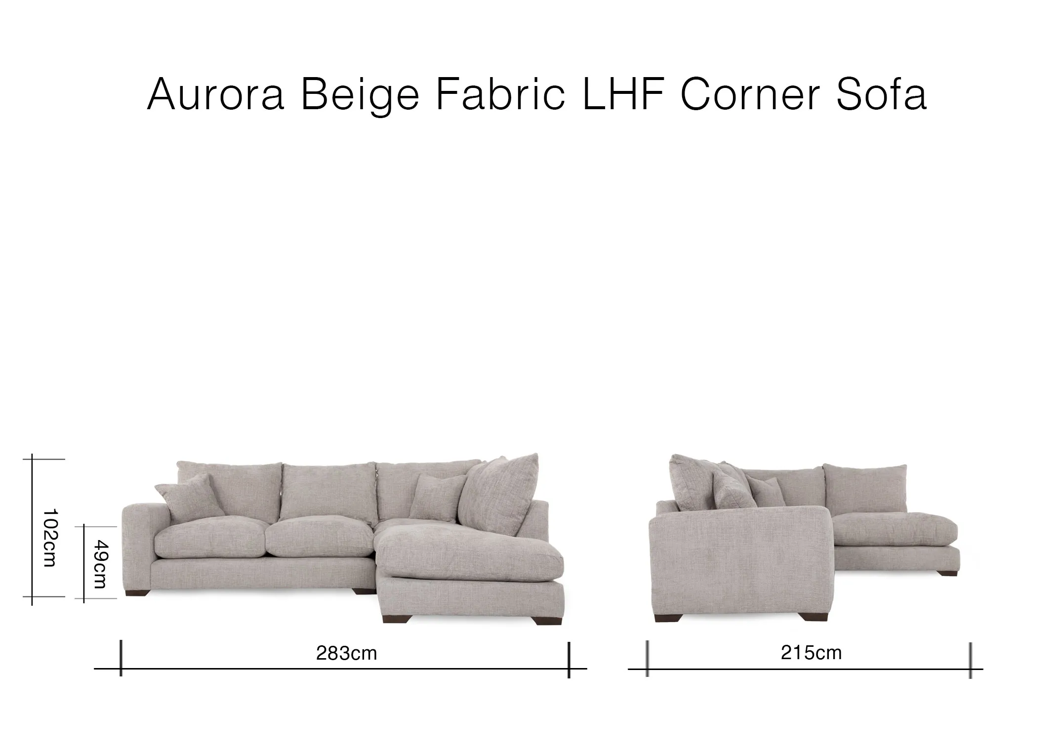 A dimension image of the Aurora LHF Corner with RHF Lounger with 283cm x 215cm x 102cm