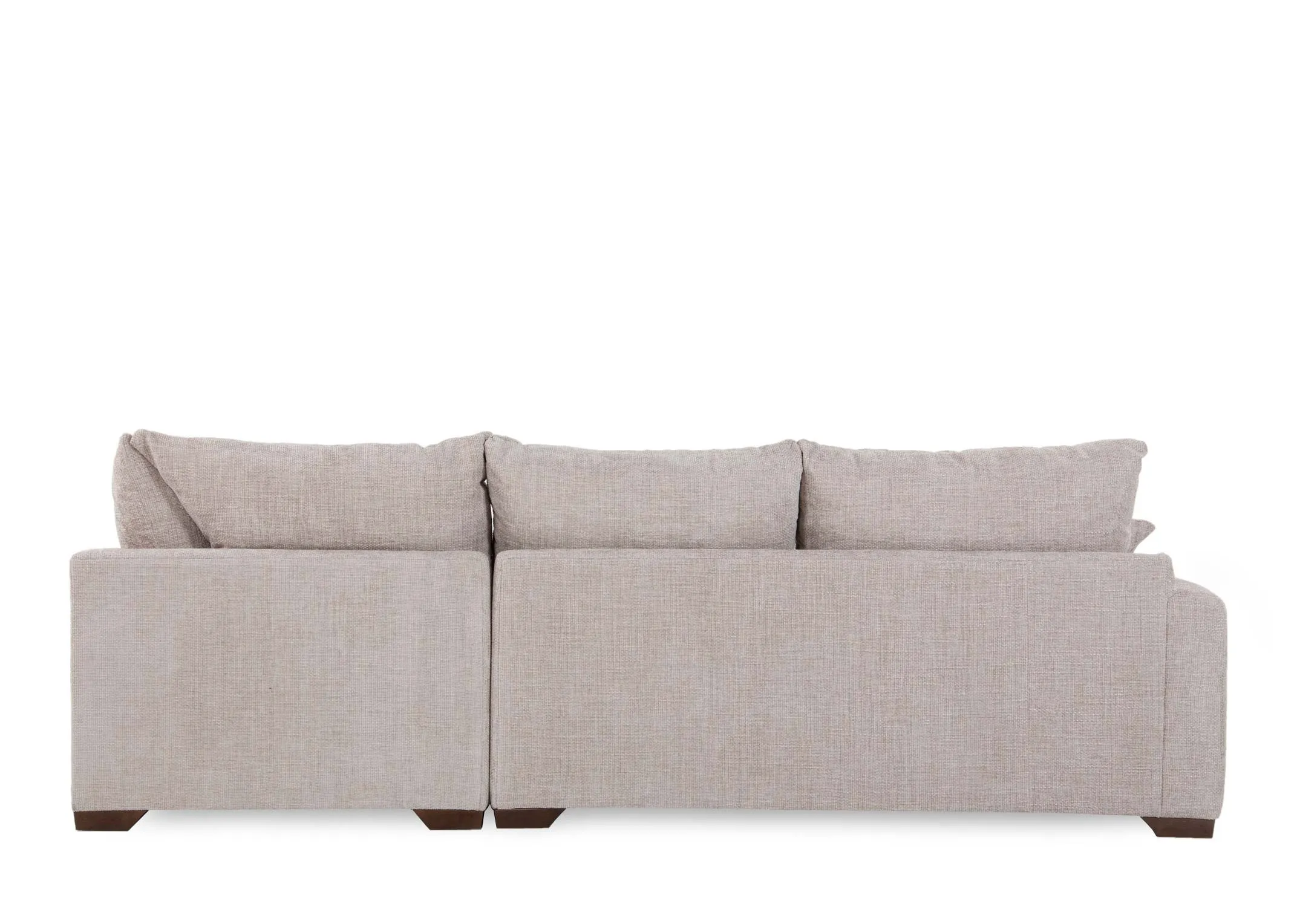 A beige fabric corner sofa with RHF lounger from EZ Livings Aurora range. Back view of sectional frame