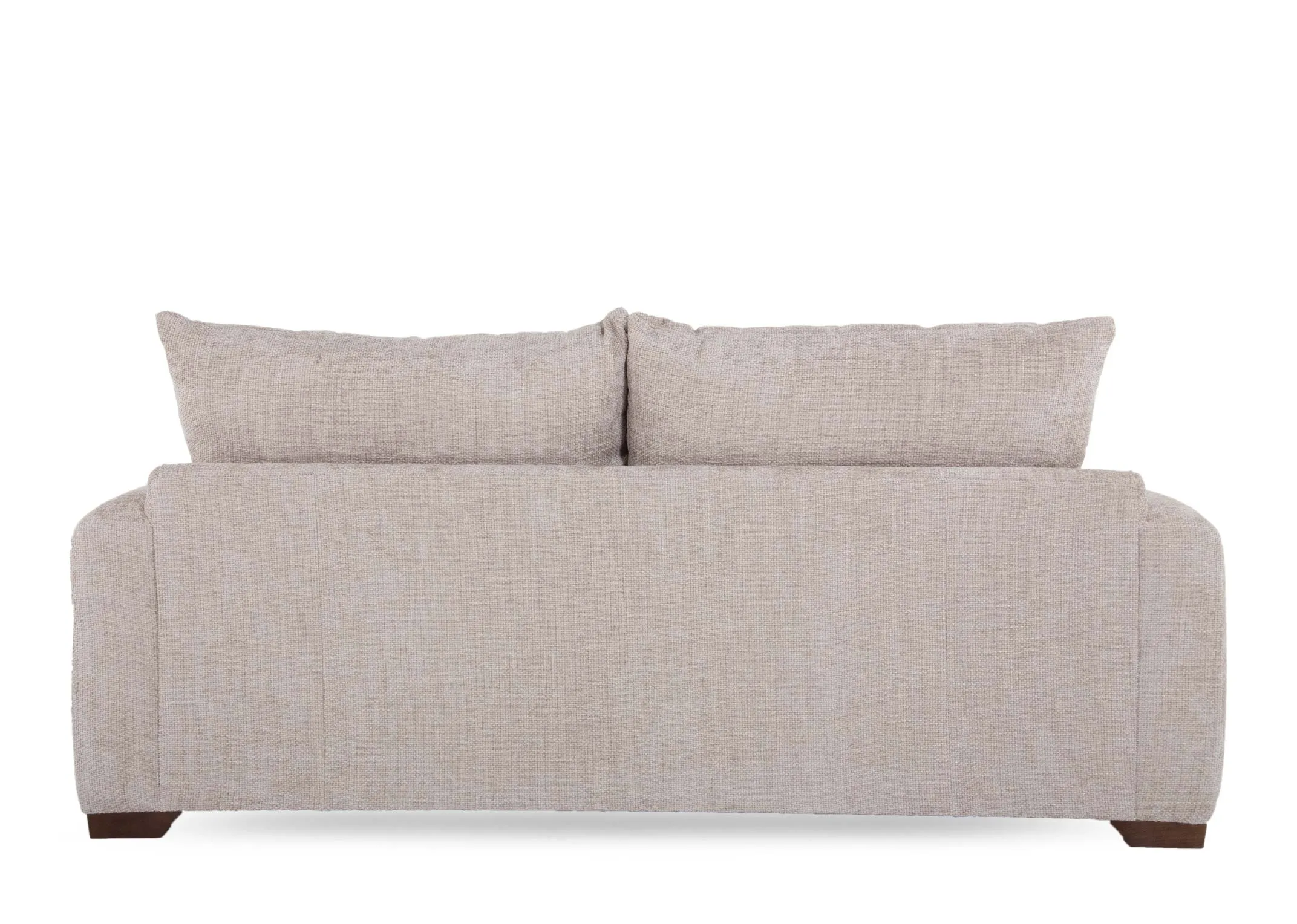 A beige fabric 3 seater sofa from EZ Livings Aurora range. Back view of warrantied frame