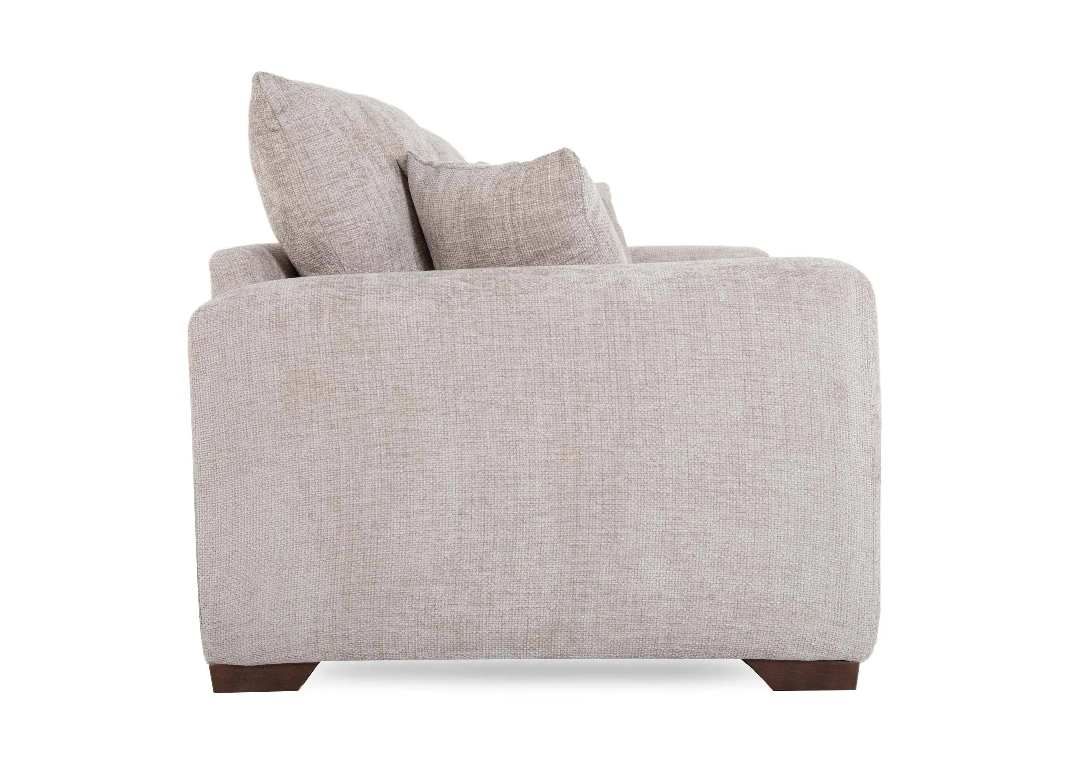 A beige fabric 3 seater sofa from EZ Livings Aurora range. Side view of dark wood feet