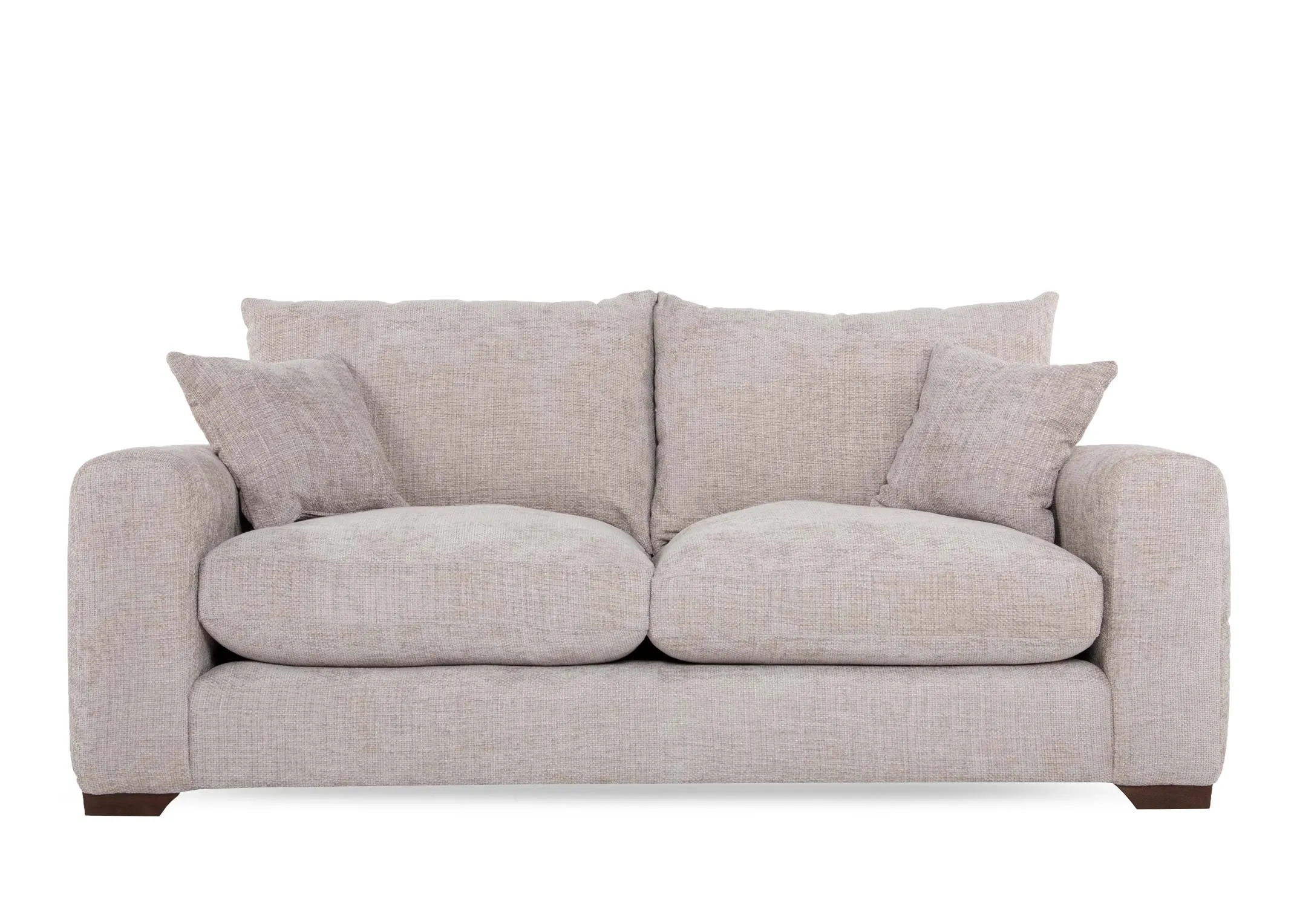 A beige fabric 3 seater sofa from EZ Livings Aurora range. Front view of high back.