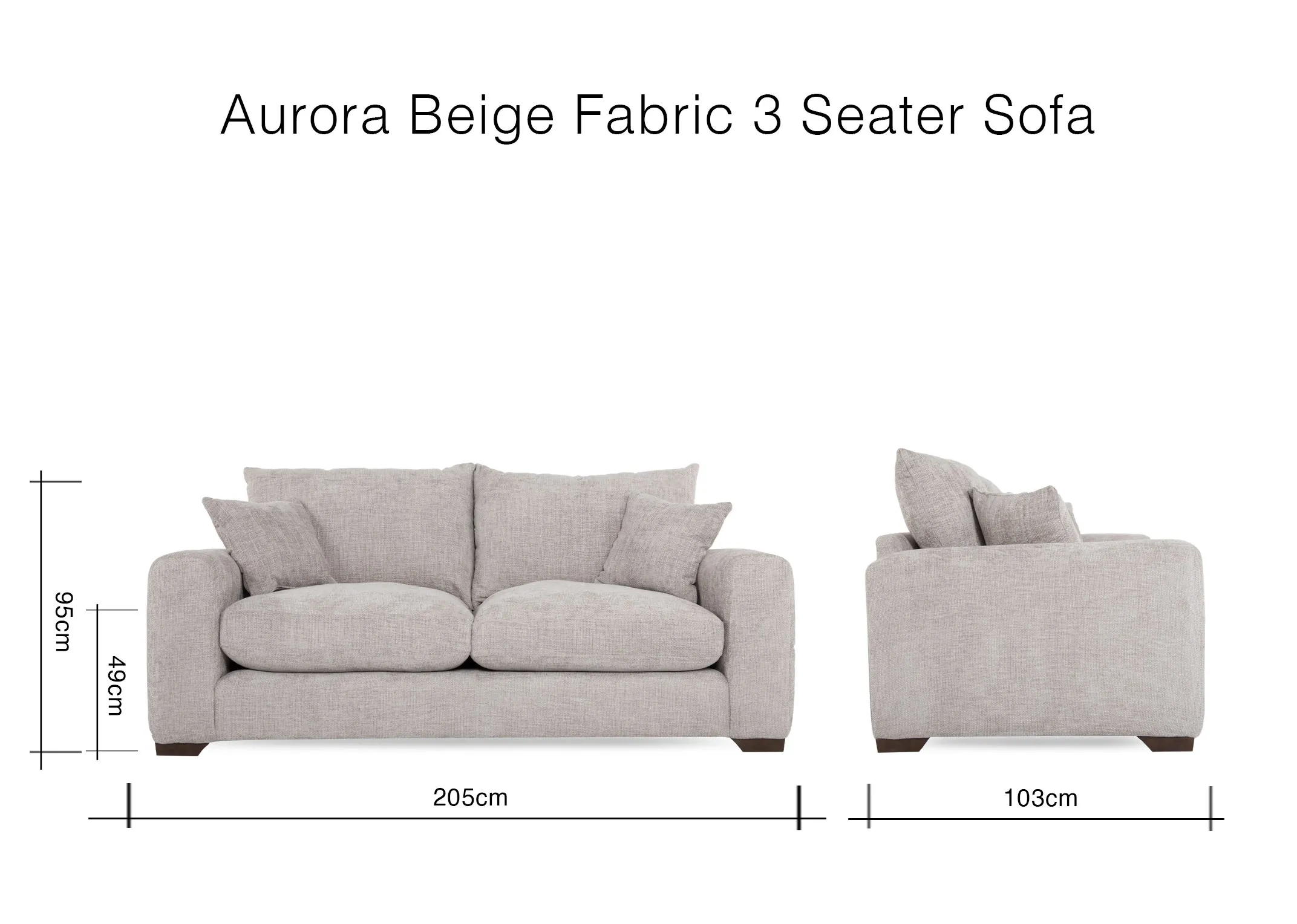 A dimension image of the Aurora Beige 3 Seater with 205cm x 105cm x 95cm