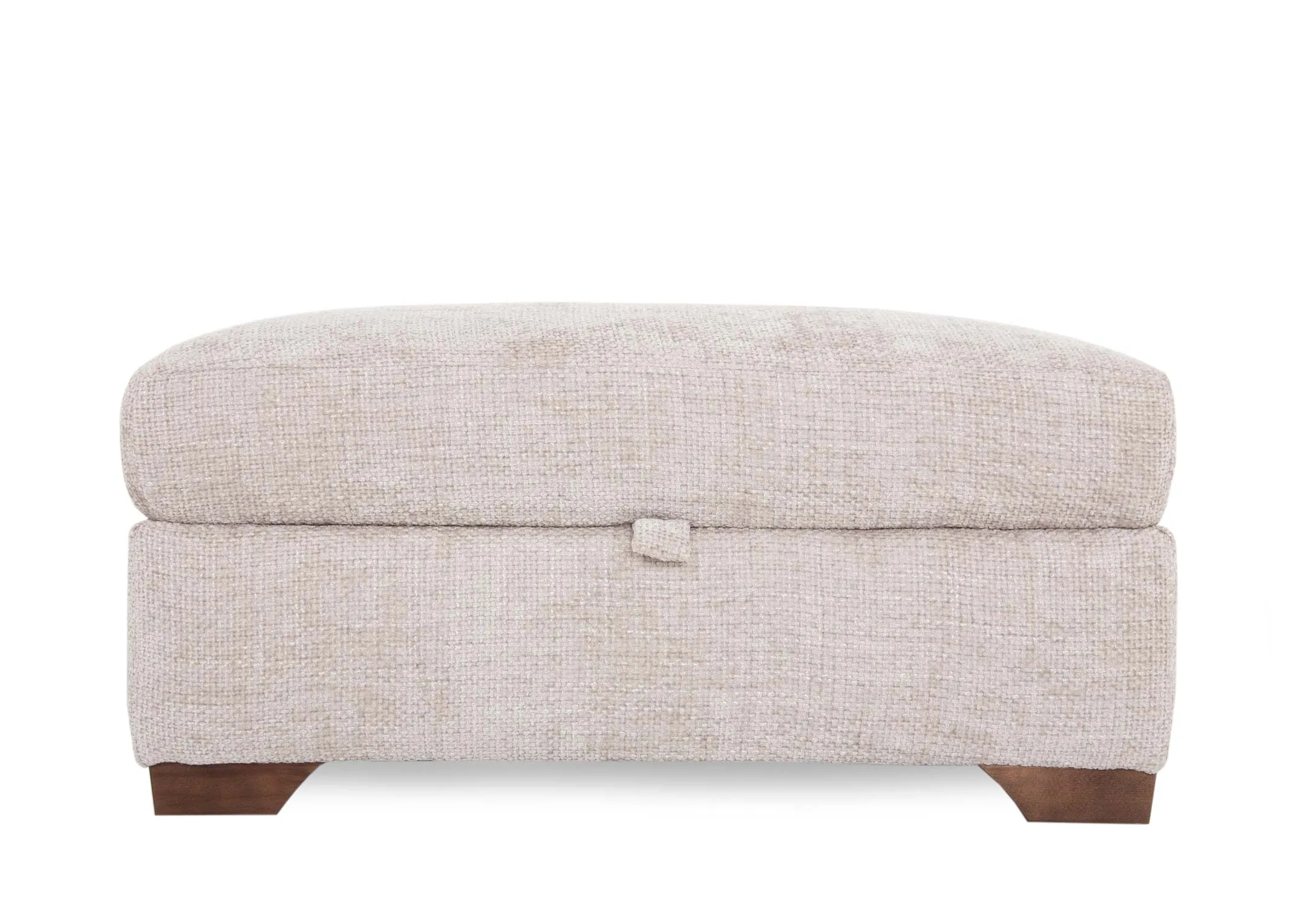 A large beige fabric footstool with wood feet from EZ Livings Aurora range. Angled view with top open revealing storage