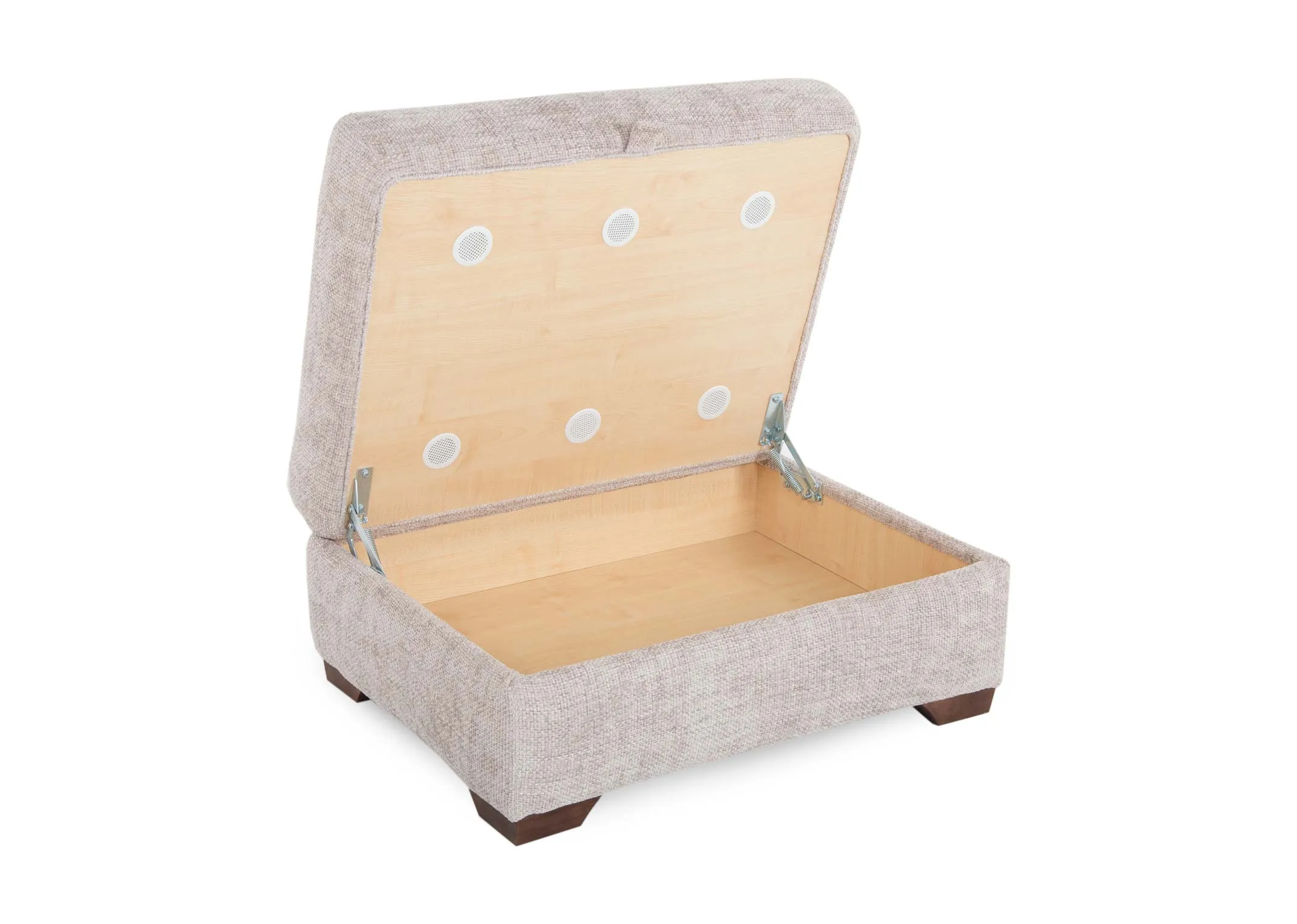 A large beige fabric footstool with wood feet from EZ Livings Aurora range. Front view