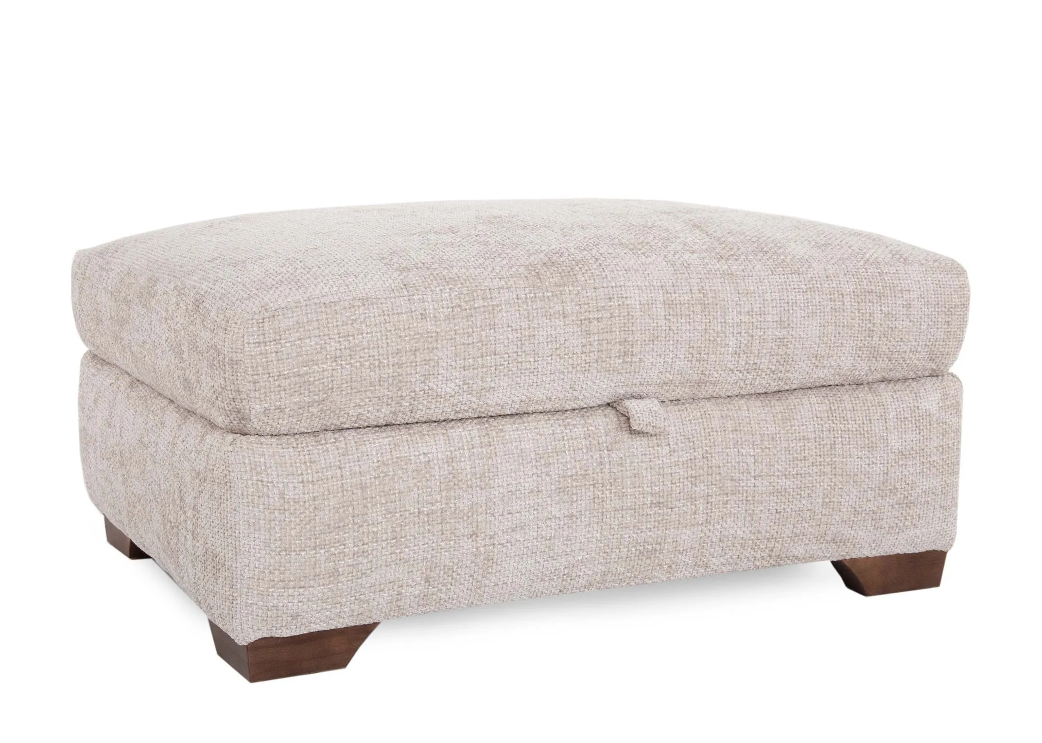 A large beige fabric footstool with wood feet from EZ Livings Aurora range. Angled view of padded seat