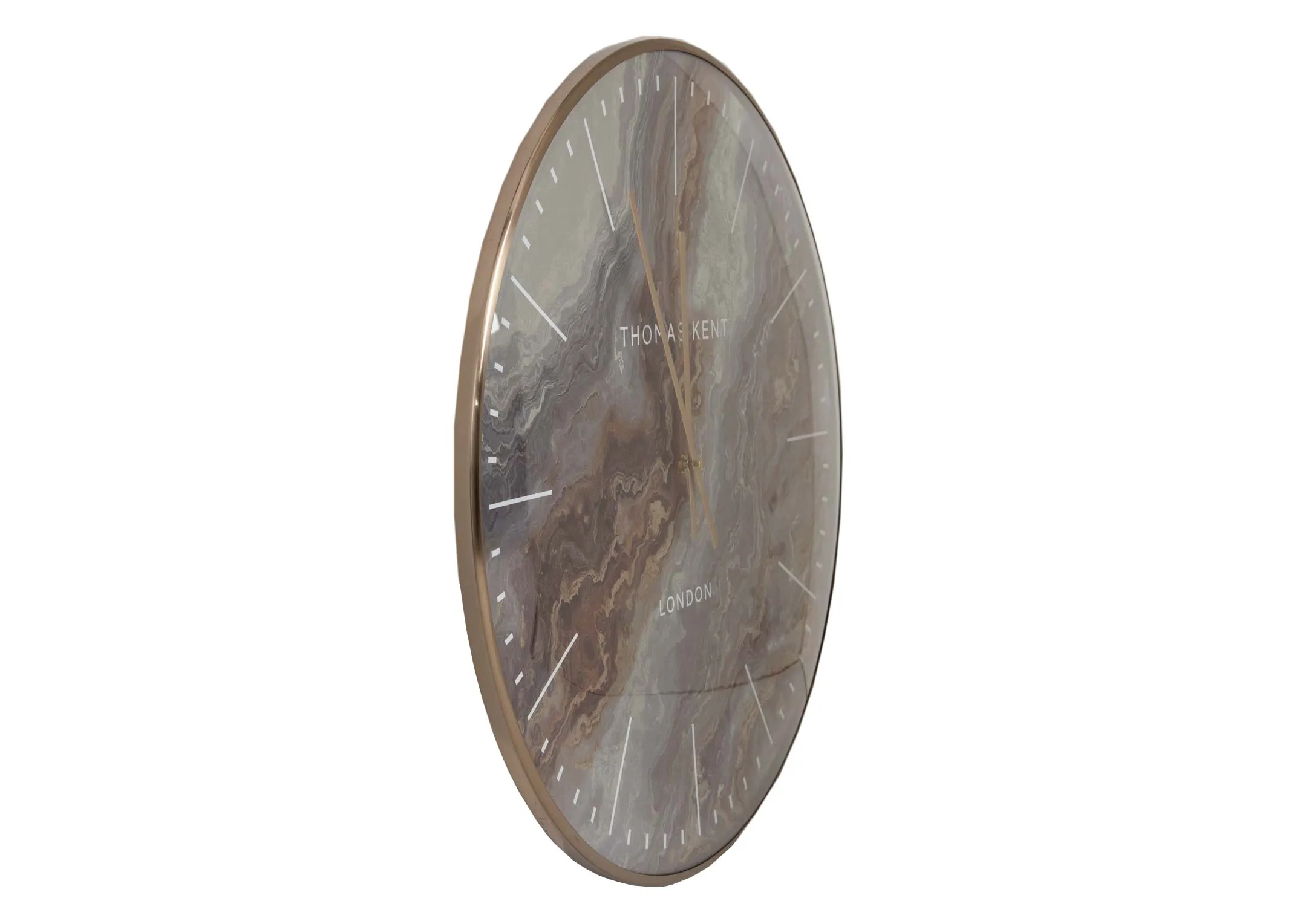 A bronze trim wall clock with grey marble-effect face from EZ Livings Oyster range. Side view of bronze metal trim.