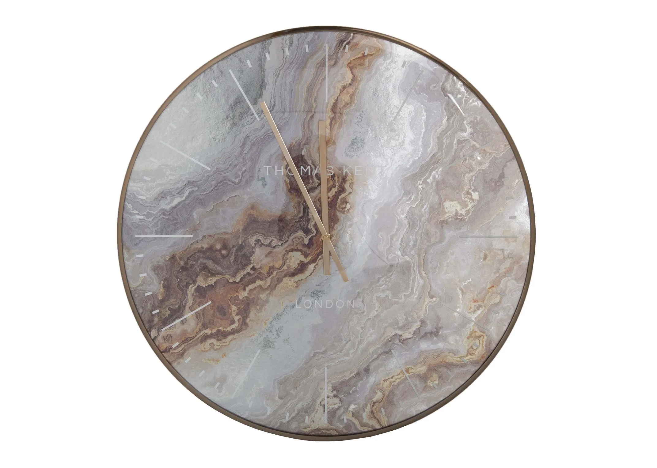 A bronze trim wall clock with grey marble-effect face from EZ Livings Oyster range. Front view of roman numerals in bronze