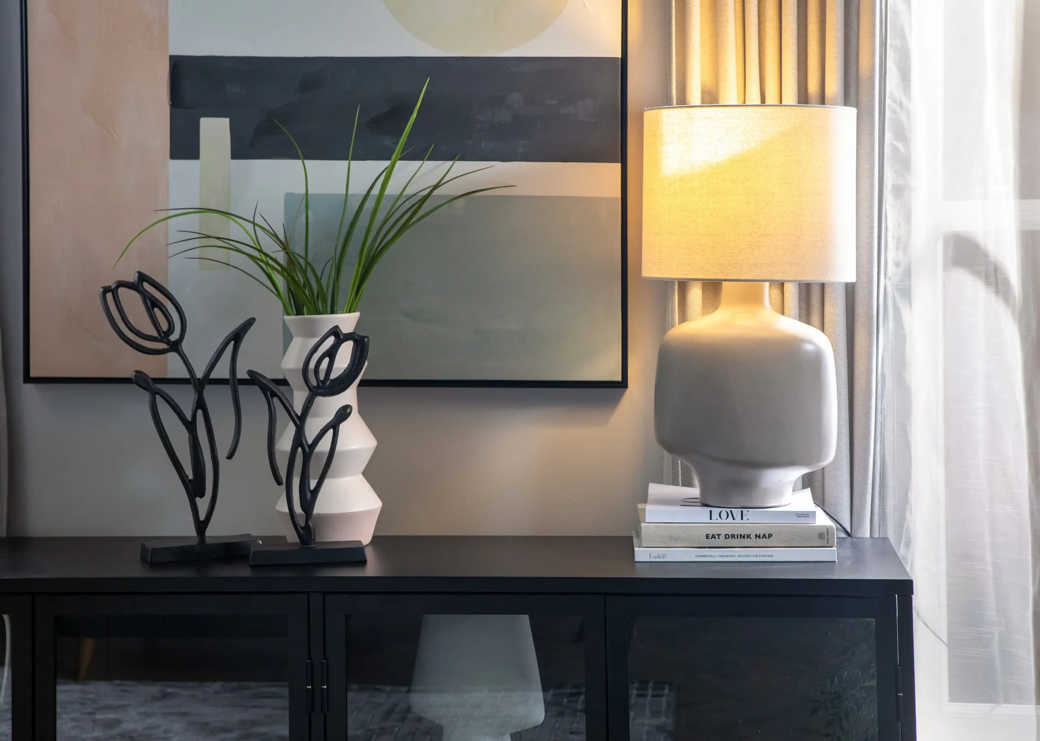 Taupe Table Lamp with Cream Shade - Retro