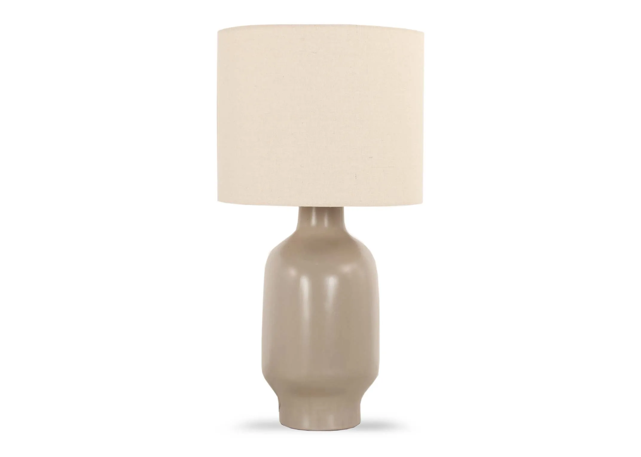 A taupe ceramic table lamp with cream shade from EZ Livings Retro range. Front view