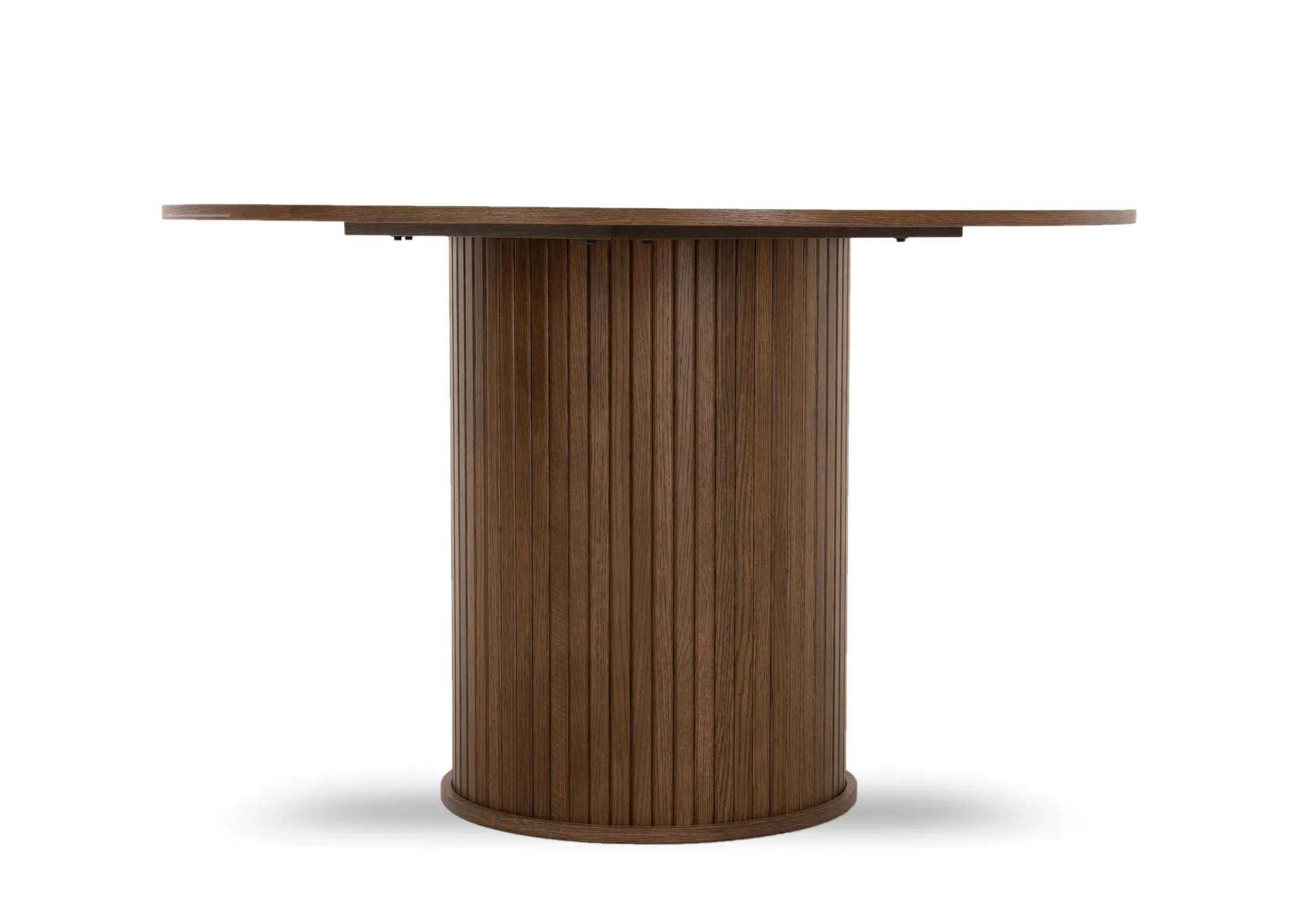 A round smoked oak dining table with slatted cylindrical base from EZ Livings Nola range. Closeup of thin wood finish