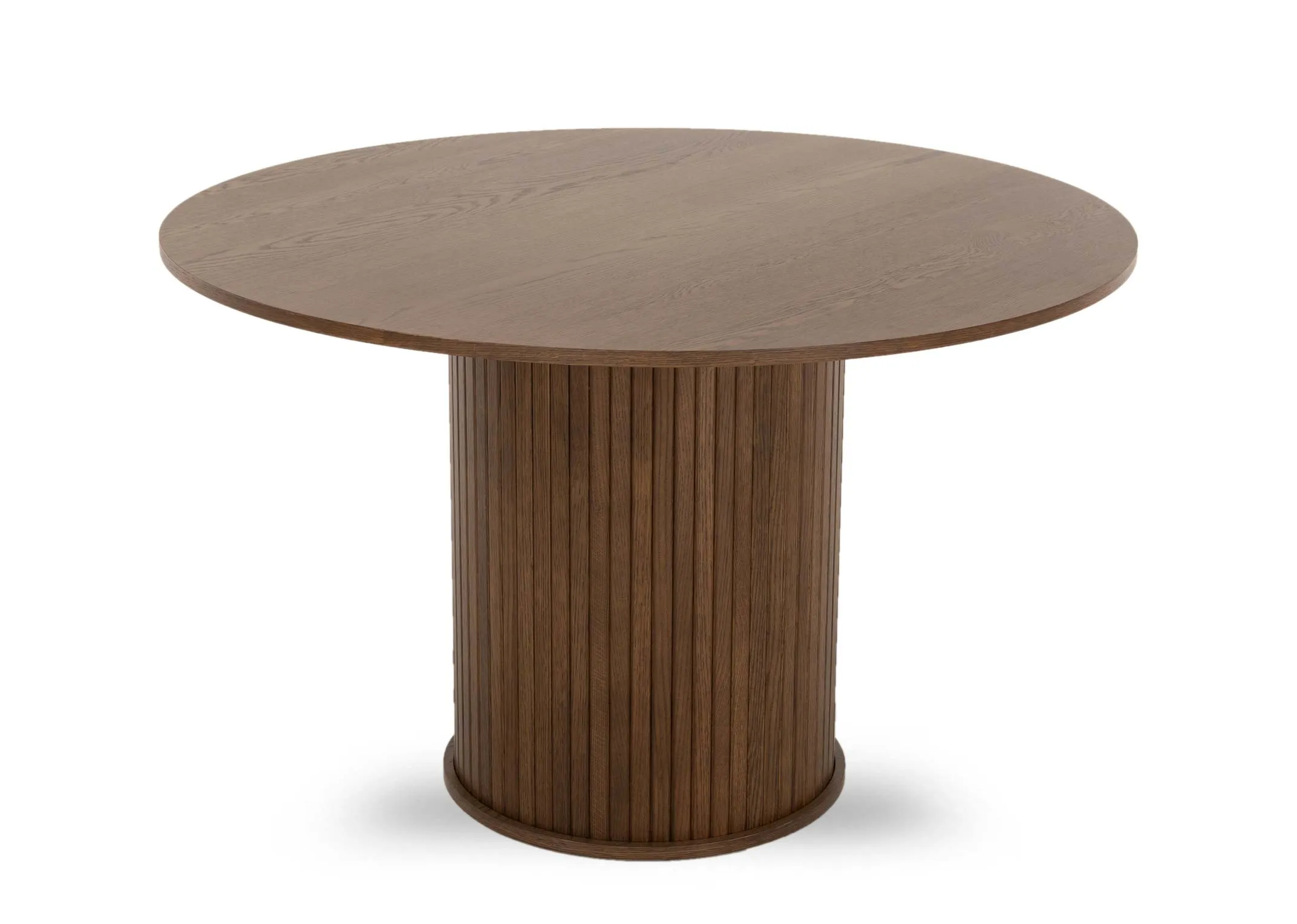 A round smoked oak dining table with slatted cylindrical base from EZ Livings Nola range. Angled view