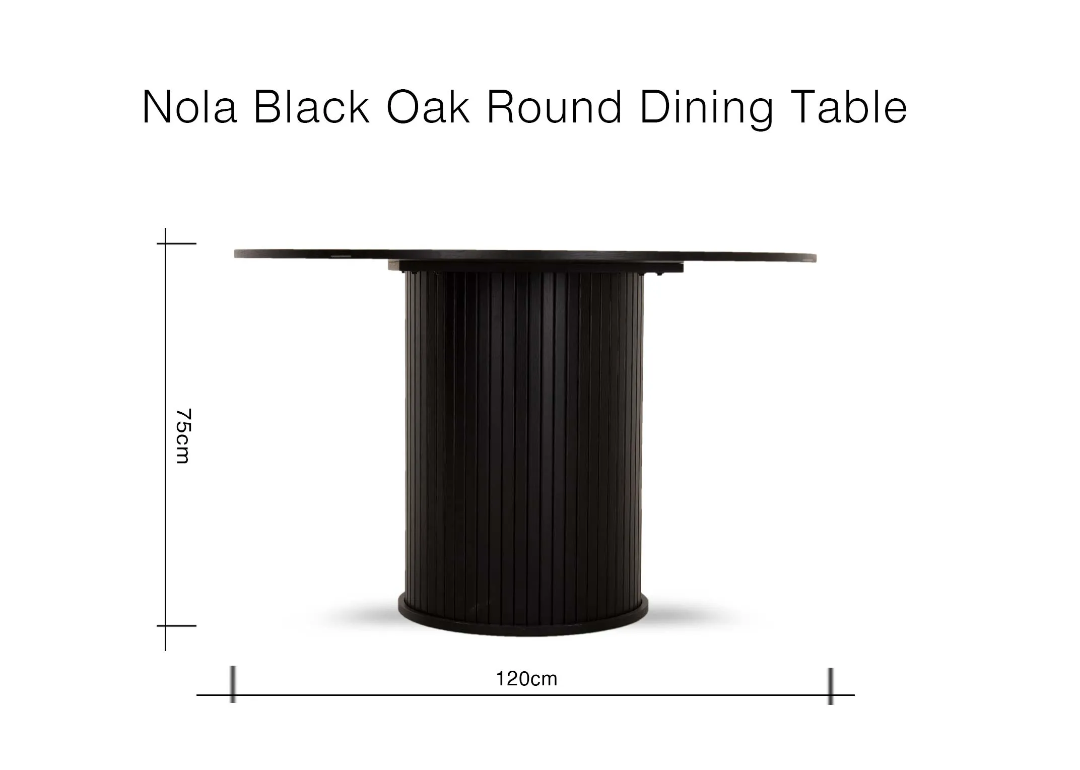A dimension image of the Nola black oak dining table with 120cm x 75cm