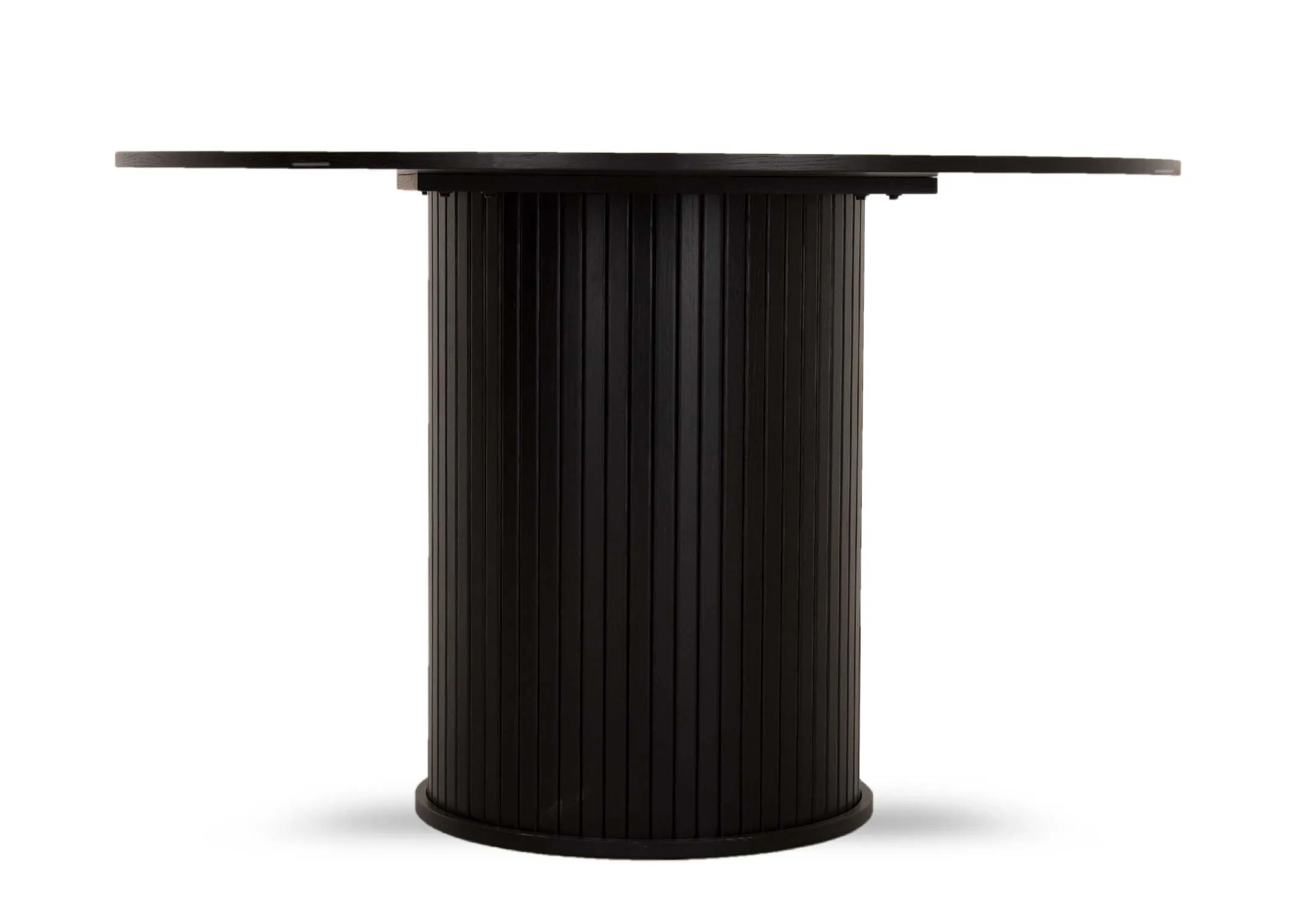 A large round black dining table with a slatted base from EZ Livings Nola range.  Closeup of trimmed slatt cylindrical base