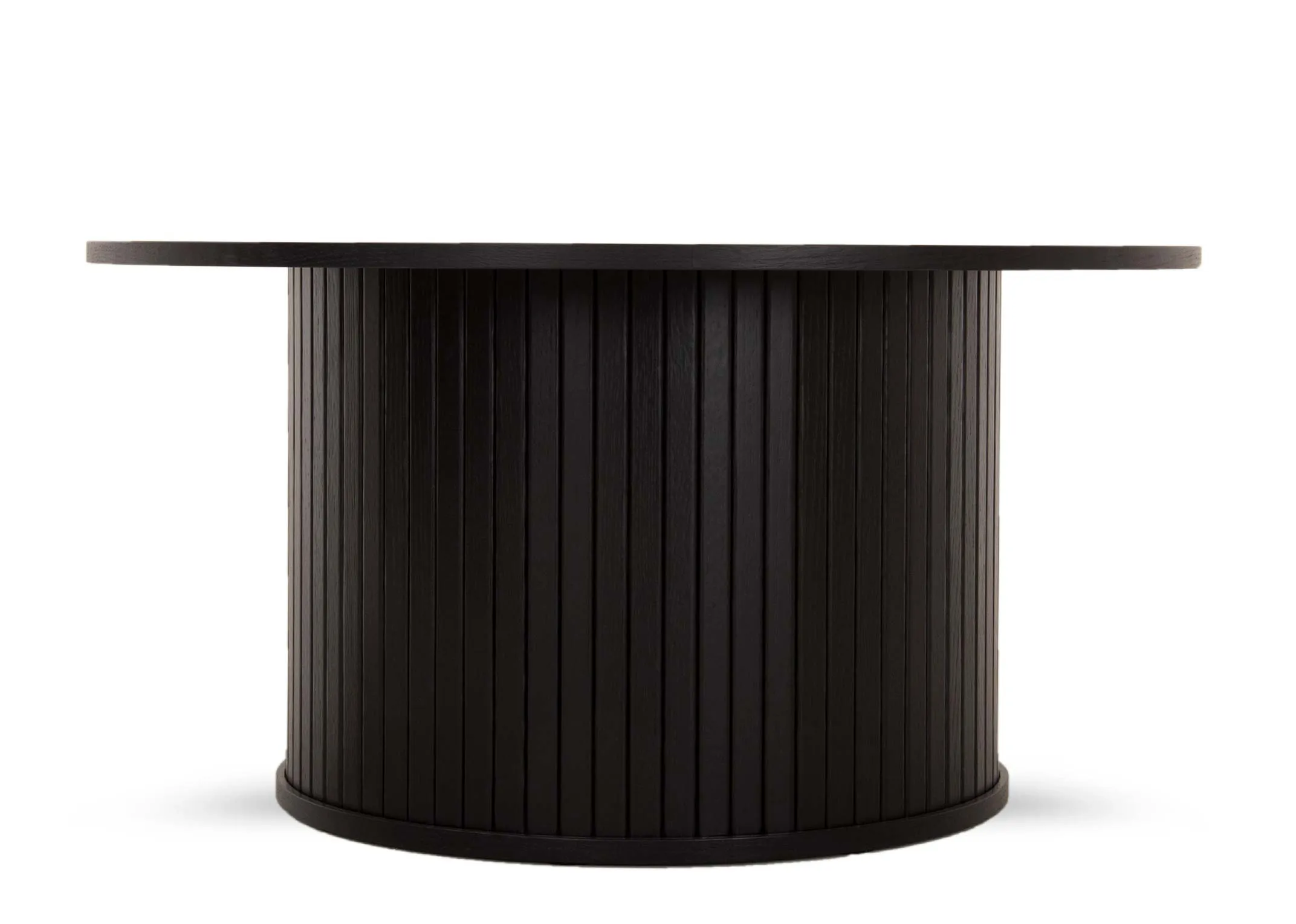 A round black oak coffee table with a slatted base from EZ Livings Nola range. Closeup of slatted texture