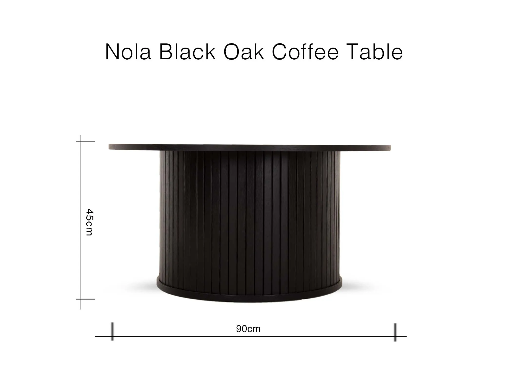 A dimension image of the Nola black oak coffee table with 90cm x 45cm
