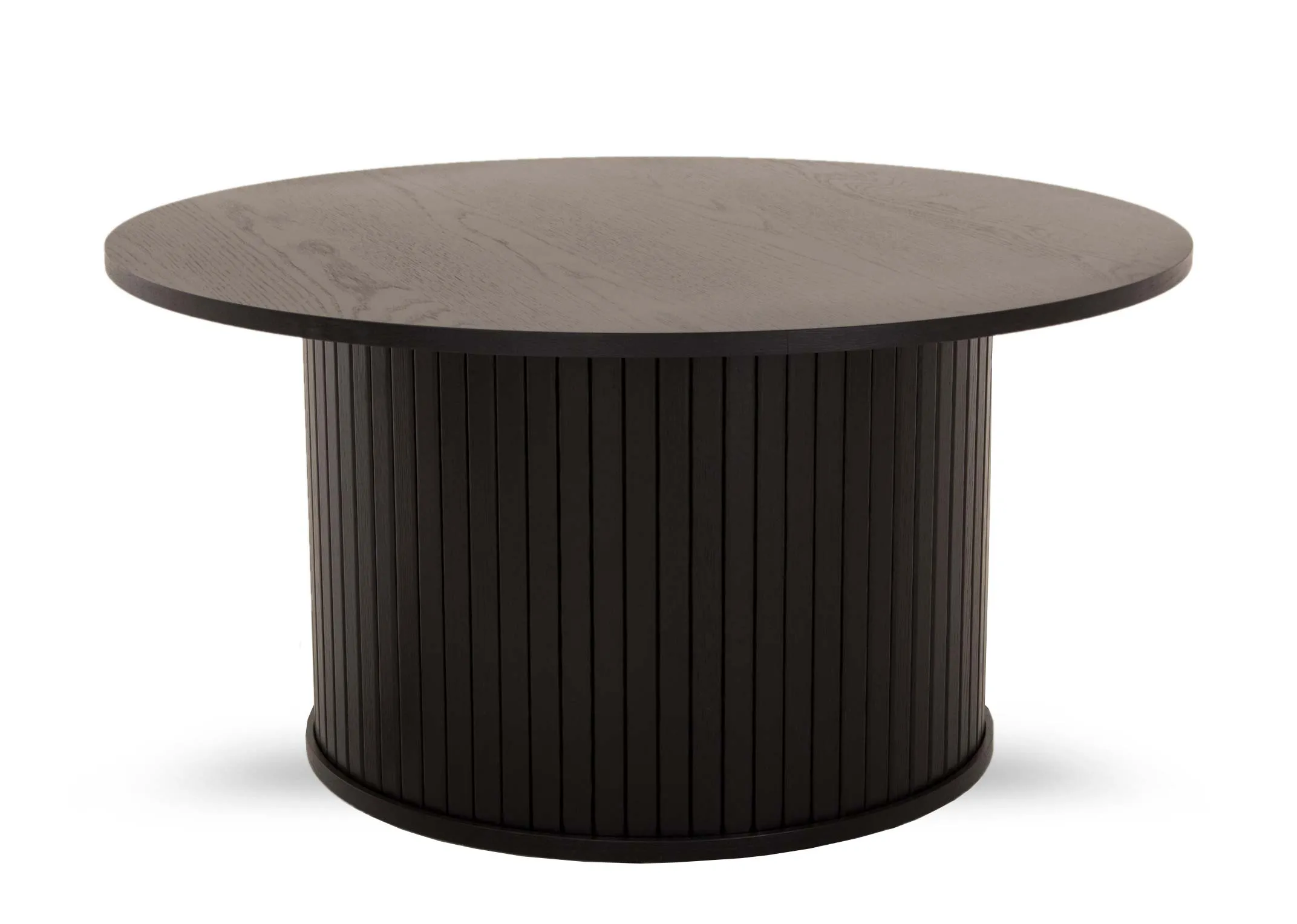 A round black oak coffee table with a slatted base from EZ Livings Nola range. Angled view of the wide slatted base