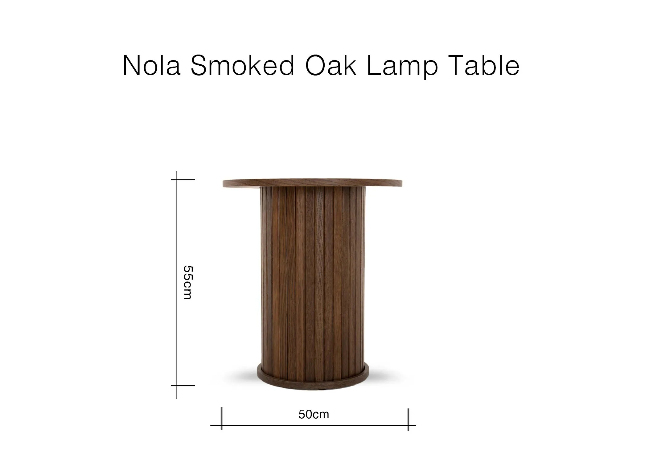 A dimension image of the Nola Smoked Oak Lamp table with 50cm x 55cm