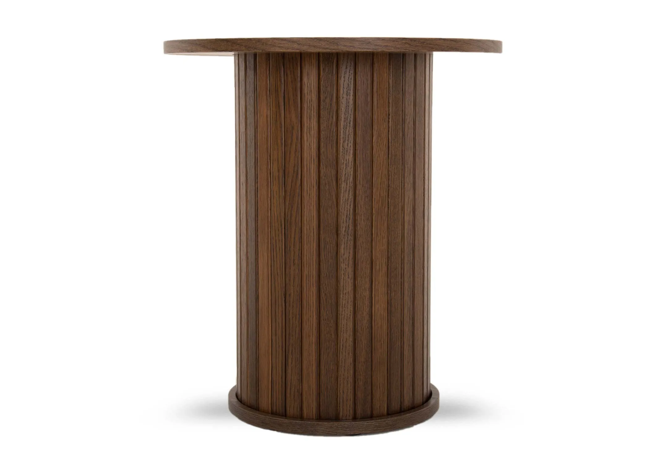 A round smoked oak lamp table with cylindrical slatted base from EZ Livings Nola range.Front view of thin table top