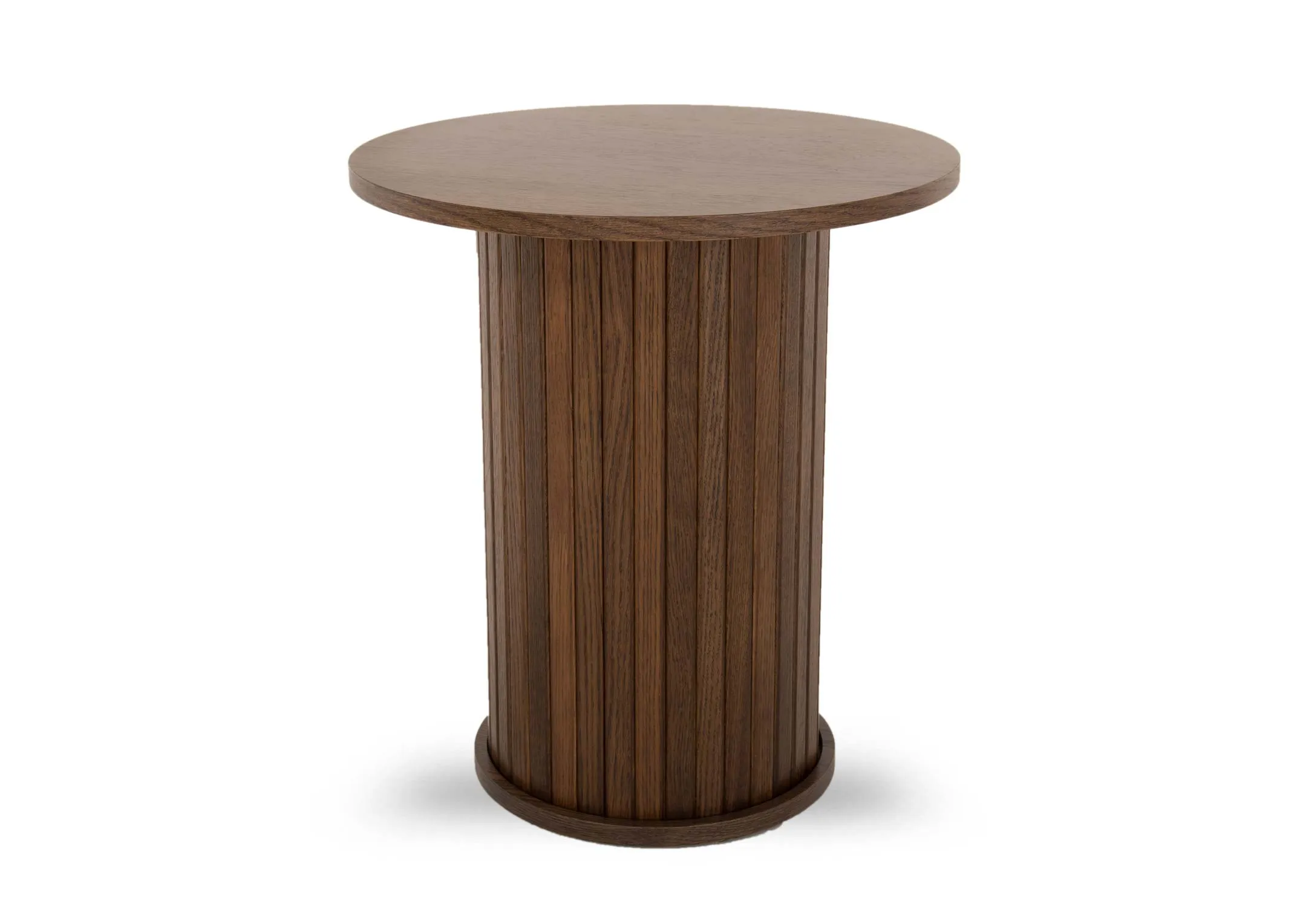 A round smoked oak lamp table with cylindrical slatted base from EZ Livings Nola range. Angled view